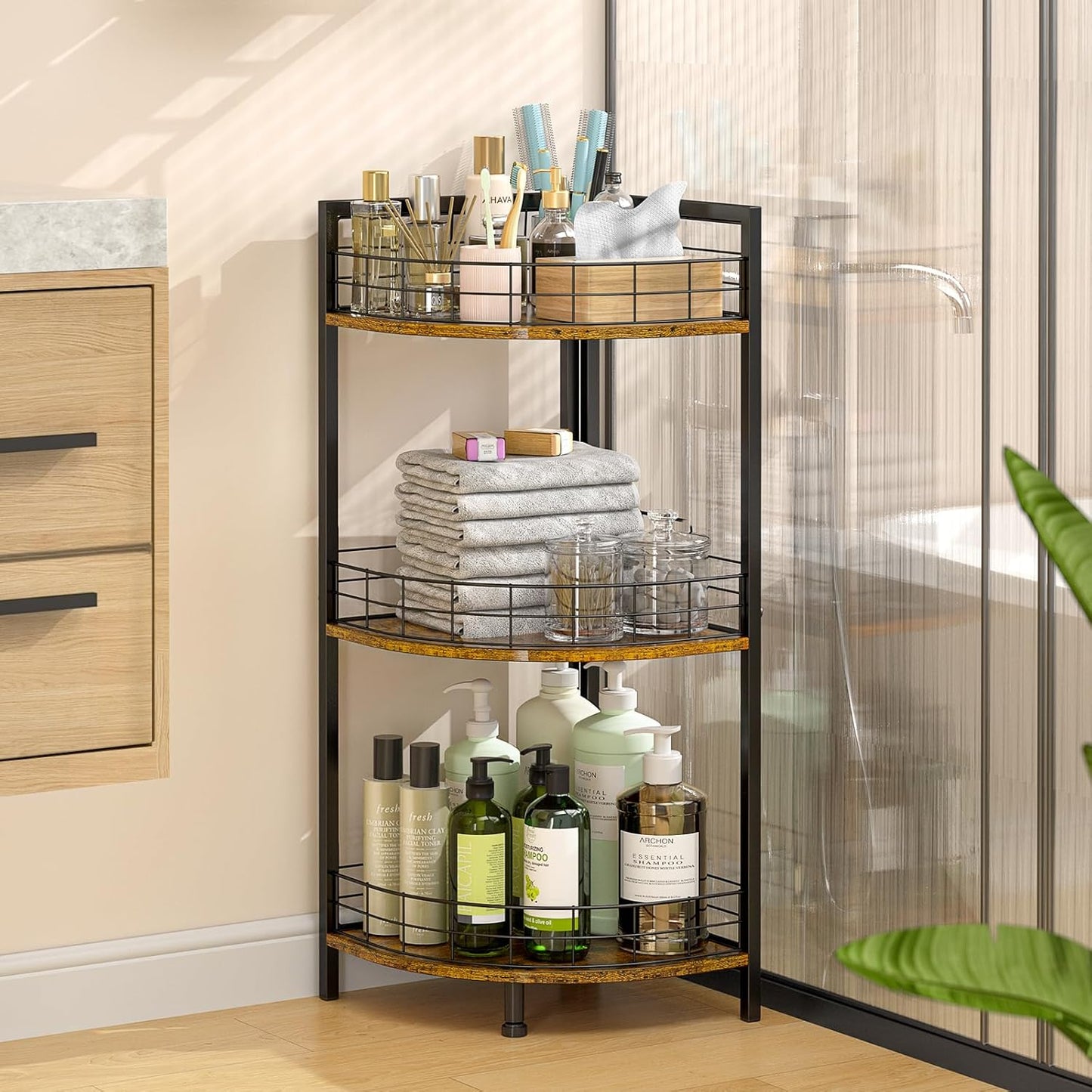Bathroom Corner Shelf - 3 Tier Free-Standing Storage Unit for Small Spaces | Triangular Curved Design