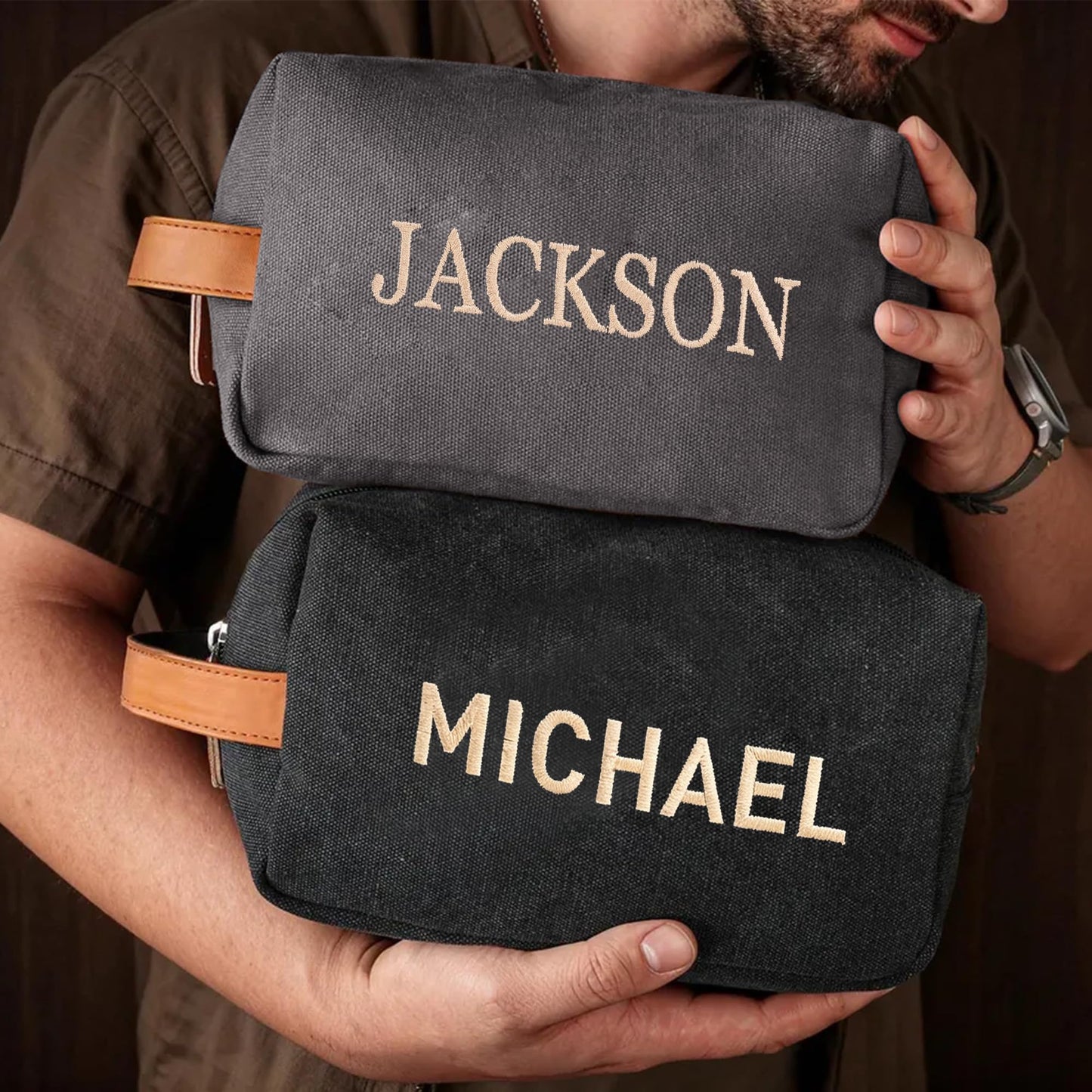 Fincekoom Personalized Embroidered Travel Toiletry Bag for Men, Custom Canvas Shaving Dopp Kit with Name, Customized Fathers Day Toiletry Bags Gifts for Husband Dad Grandpa Boyfriend