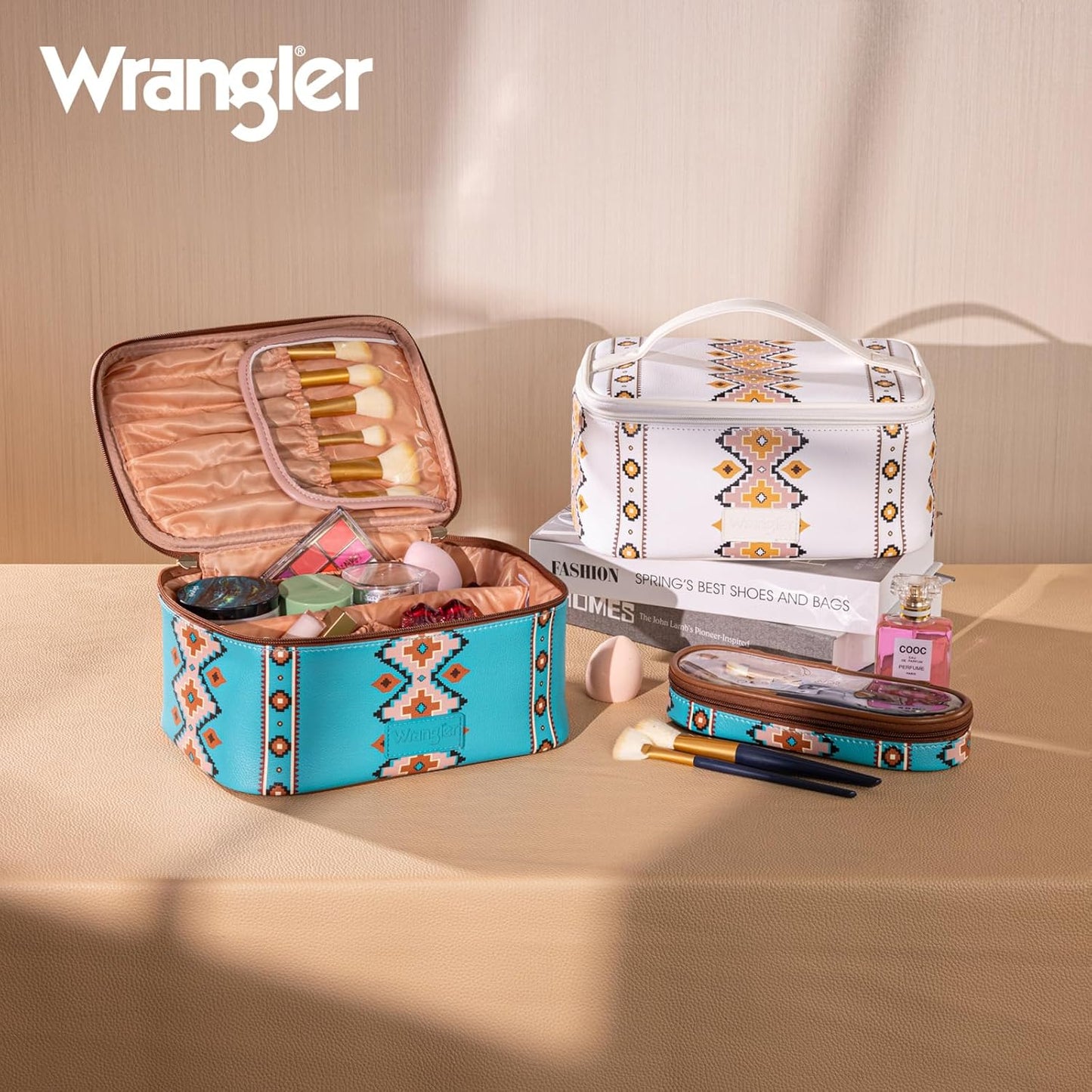 Montana West Travel Makeup Bag Set - Large Cosmetic Organizer with Brush Holder & Divider | Cute Aztec Design