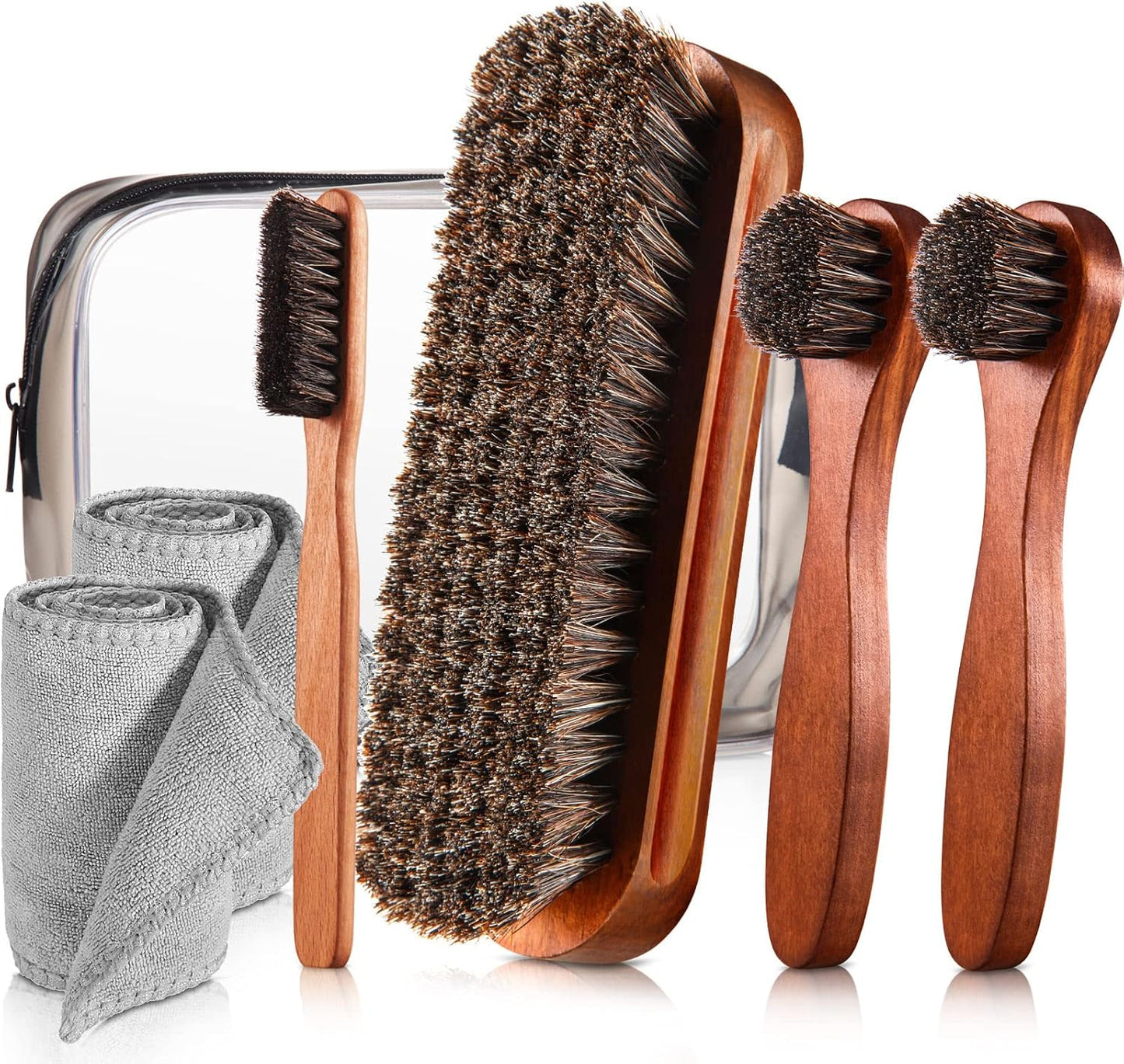 Horsehair Shoe Brush Kit - 4 Pcs Leather & Suede Cleaning Brushes with Microfiber Gloves | Shoe Care Essentials