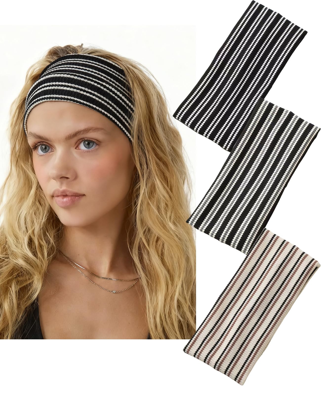 Haujemea 3 Pcs Knitted Striped Wide Headbands for Women Non Slip Hair Band Thick Yoga Workout Headband Elastic Cute Head Band Hair Accessory