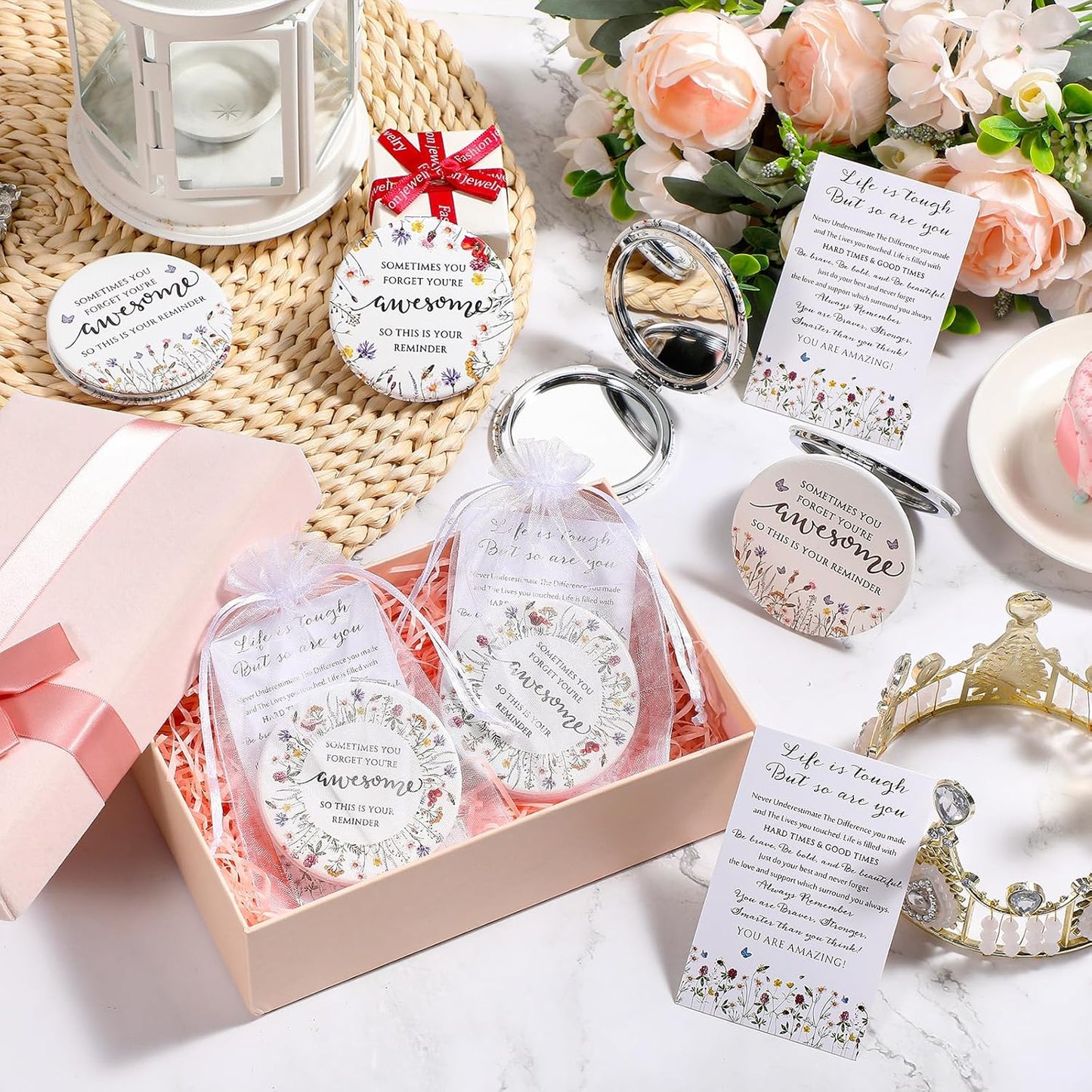 Inspirational Compact Mirror Set - 12 Mini Double-Sided Folding Mirrors | Perfect Gift for Nurses, Teachers & Coworkers (Wildflower)