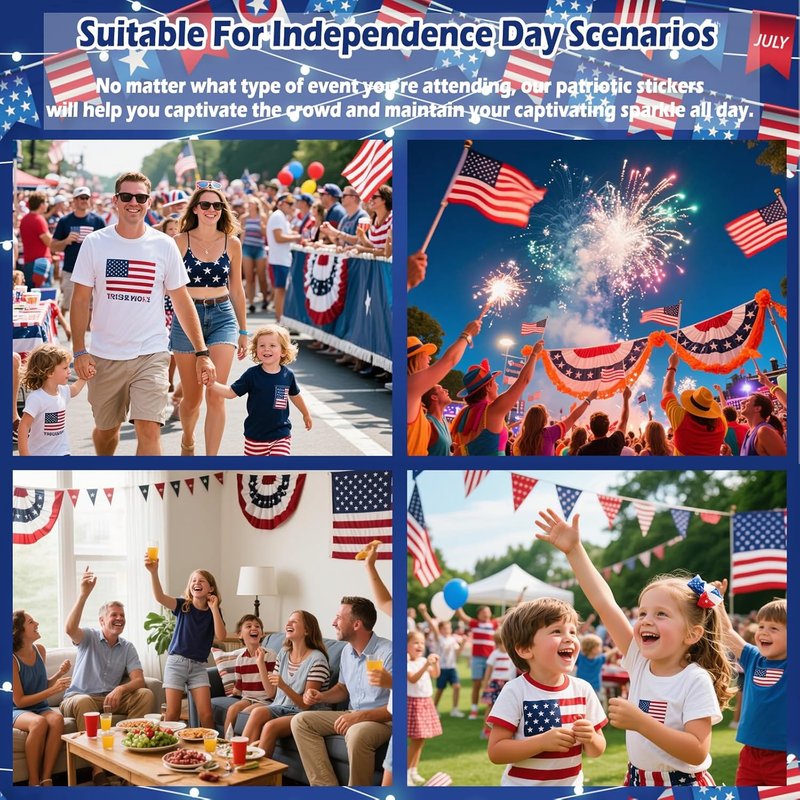 Independence Day Temporary Tattoos - 6Pcs Red, White & Blue Glitter Face Stickers | Self-Adhesive Star Art for 4th of July
