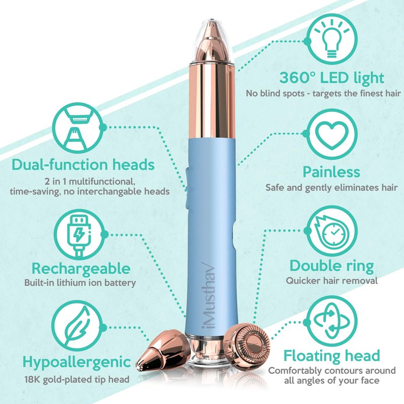 iMusthav Face Hair Removal for Women, 2-in-1 Facial Hair Remover & Eyebrow Trimmer, Painless Flawless Face Shaver with LED Light, Rechargeable Peach Fuzz Remover & Electric Eyebrow Razor for Women