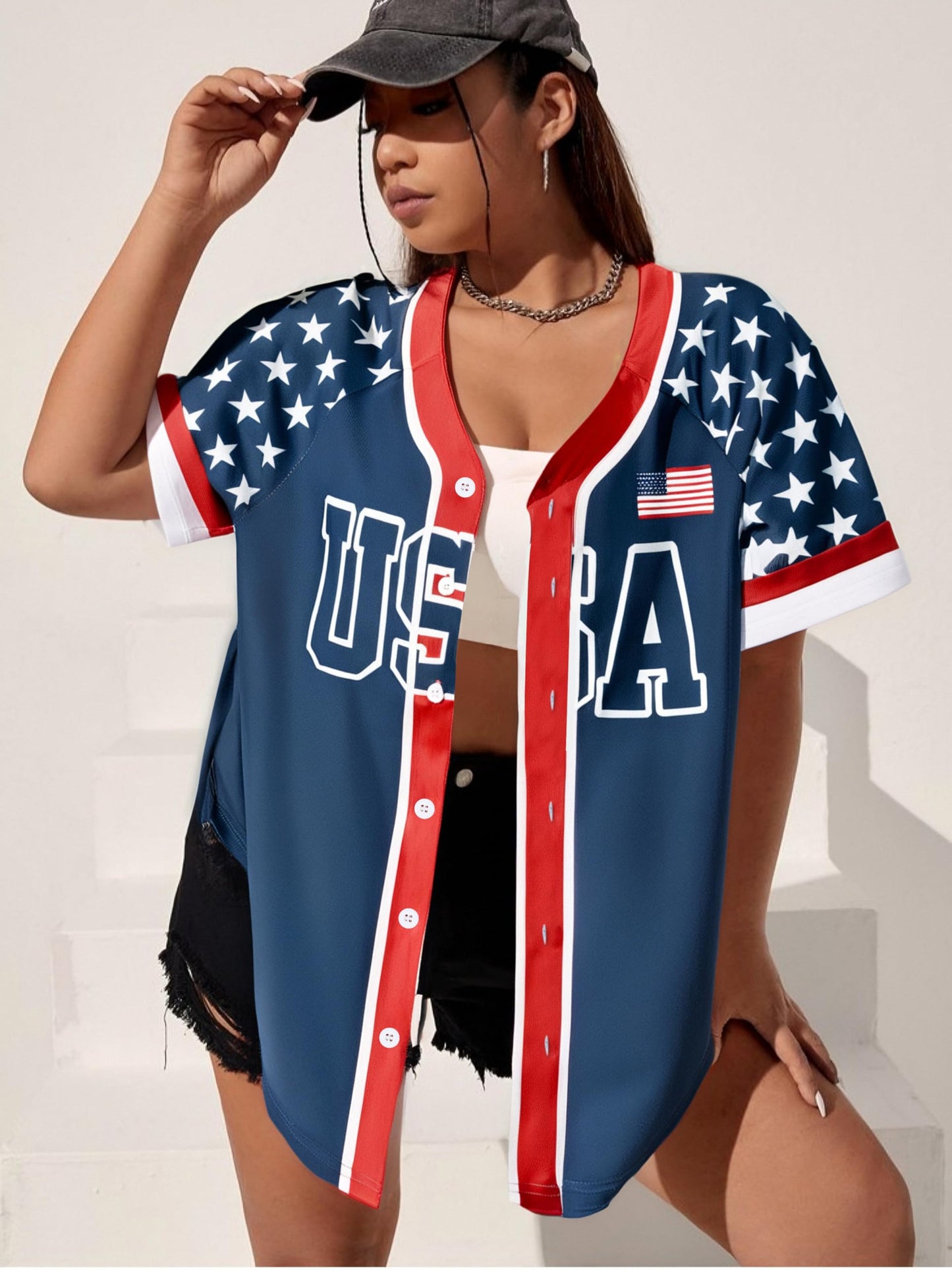JINTING Womens 250th Anniversary USA Jerseys - 4th of July Button Down American Flag and Star Patriotic Baseball Shirt