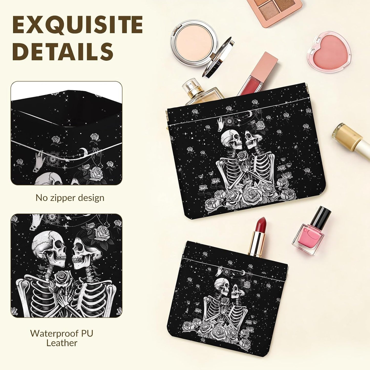 Makeup Bag Set - 2 PCS PU Leather Cosmetic Organizer | Portable Self-Closing Travel Pouch for Women - Skull Design