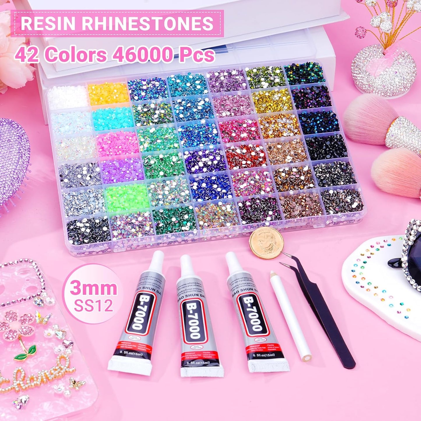 Jelly Rhinestones - 46,000 Pcs Multicolor 3mm Flatback Gems for Crafting | Bedazzler Kit with 3 Pcs 15ml B7000 Jewelry Glue