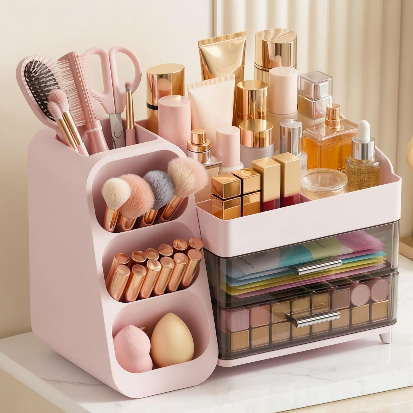 Large Capacity Makeup Organizer - Thickened Material Vanity Storage | White Countertop Holder for Brushes & Skincare