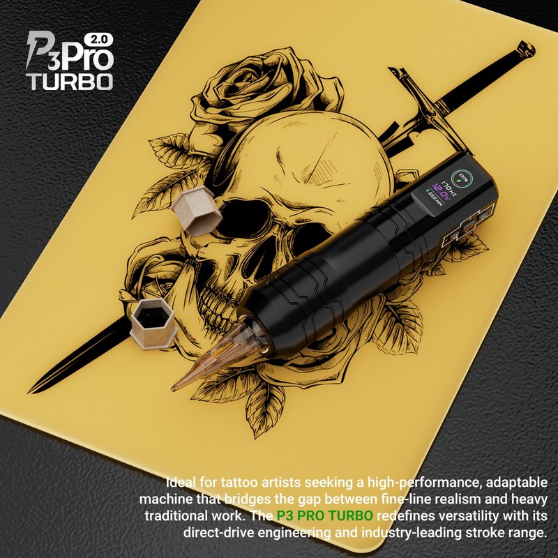EZ P3 Pro Turbo Tattoo Gun - 6 Strokes 2.5-5.0mm Direct Drive Tattoo Machine with Brushless Motor, Dual OLED Digital Display 1600mAh Battery Power Rotary Tattoo Pen