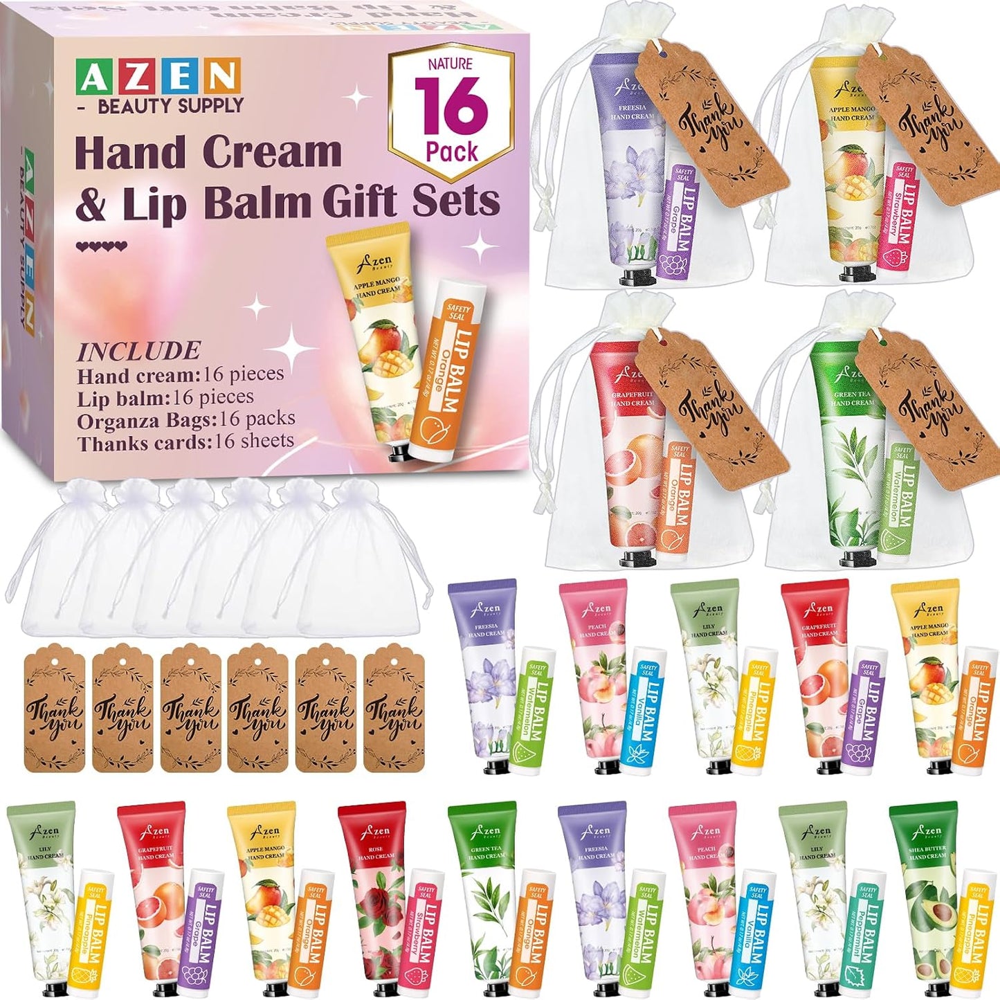 Hand Cream and Lip Balm Gift Set - 16 Sets with Organza Bag | Perfect for Baby Showers, Weddings, and Mother's Day