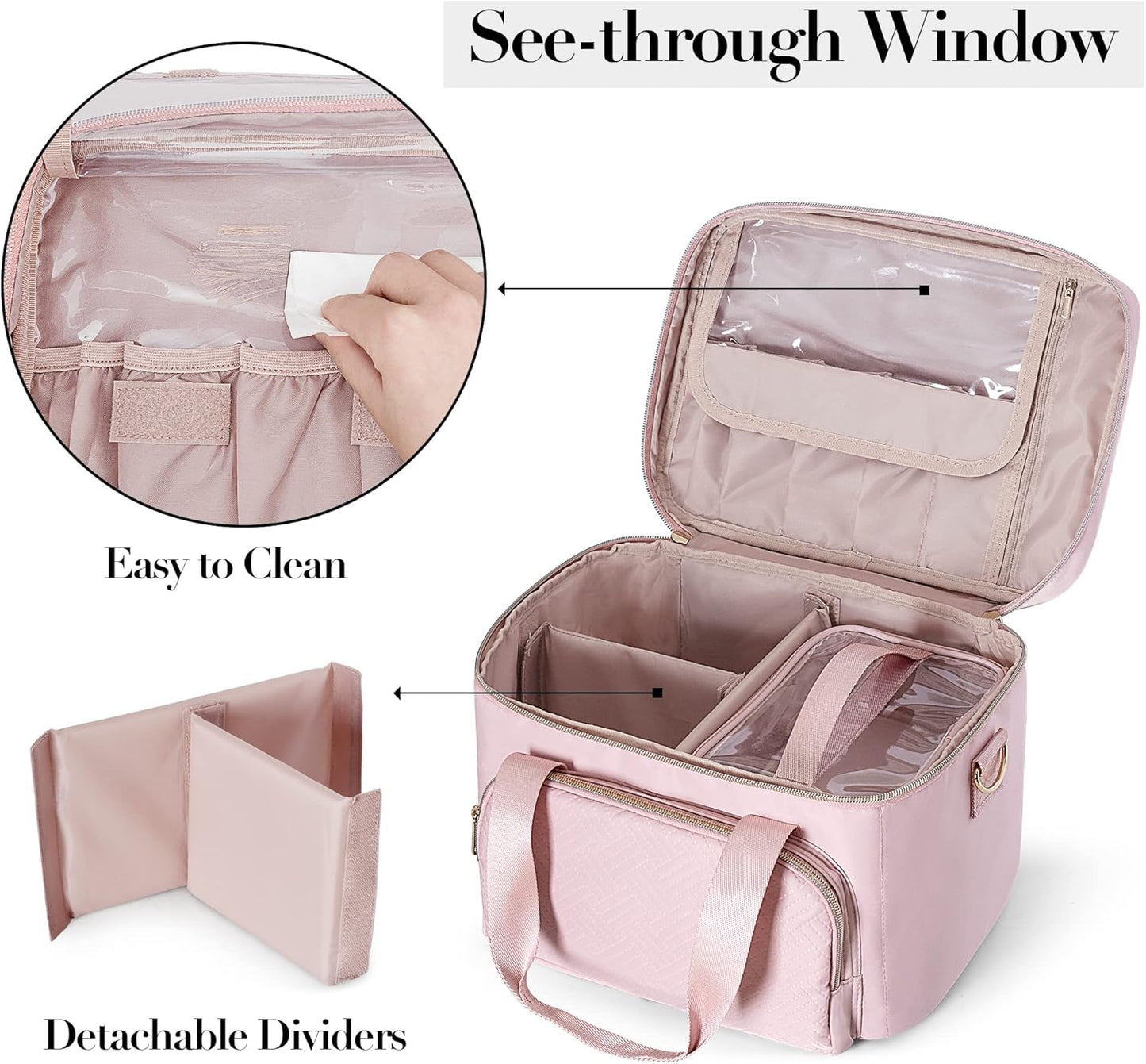 Travel Makeup Bag - Large Cosmetic Organizer with 2 Pouches & Adjustable Dividers | Pink