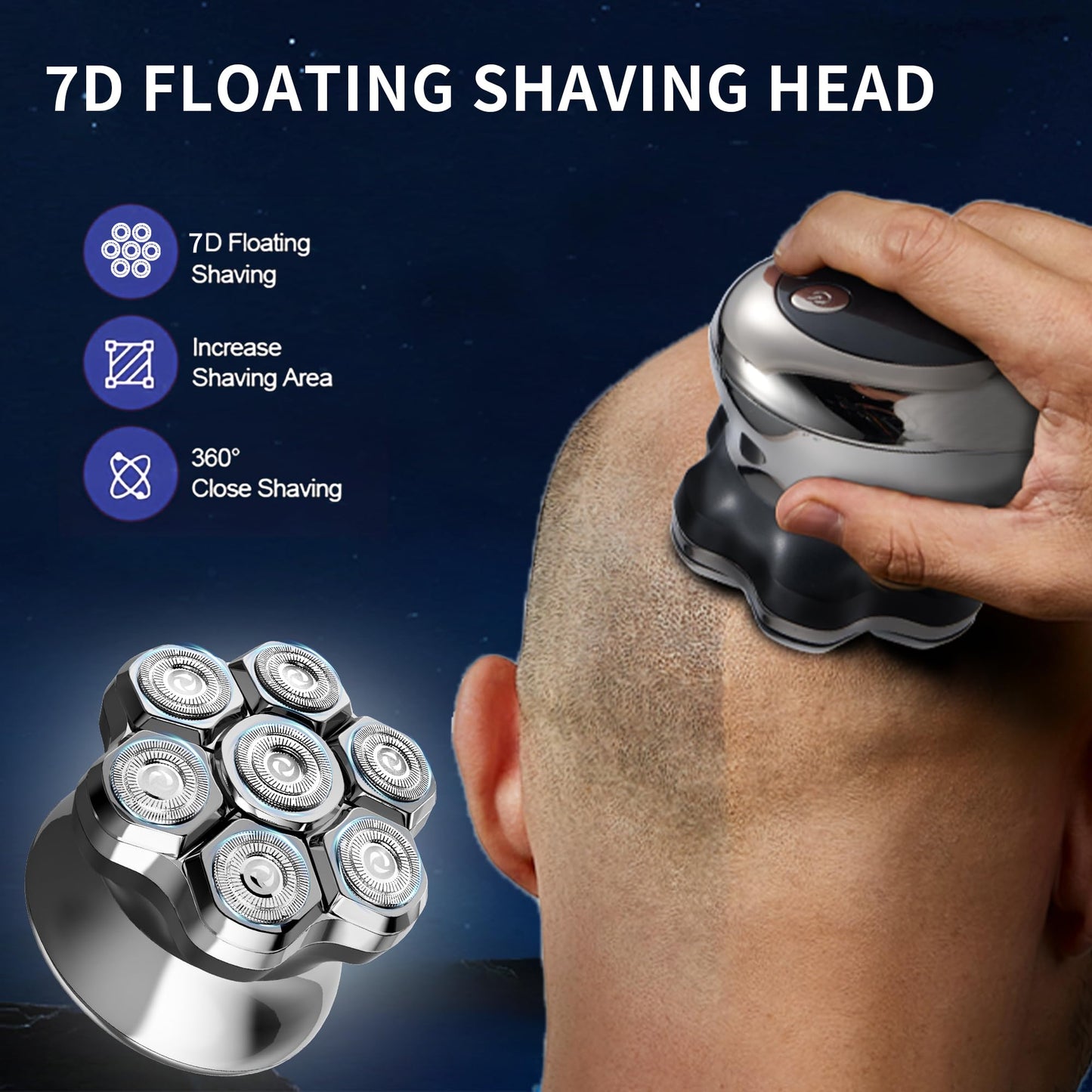 KOMINGDON Upgraded 7D Head shavers for Bald Men,Bald Head Electric Razors,Waterproof Dry Wet Rotary Shavers/Razor for Balder with an Extra agnetic Head（Blue）