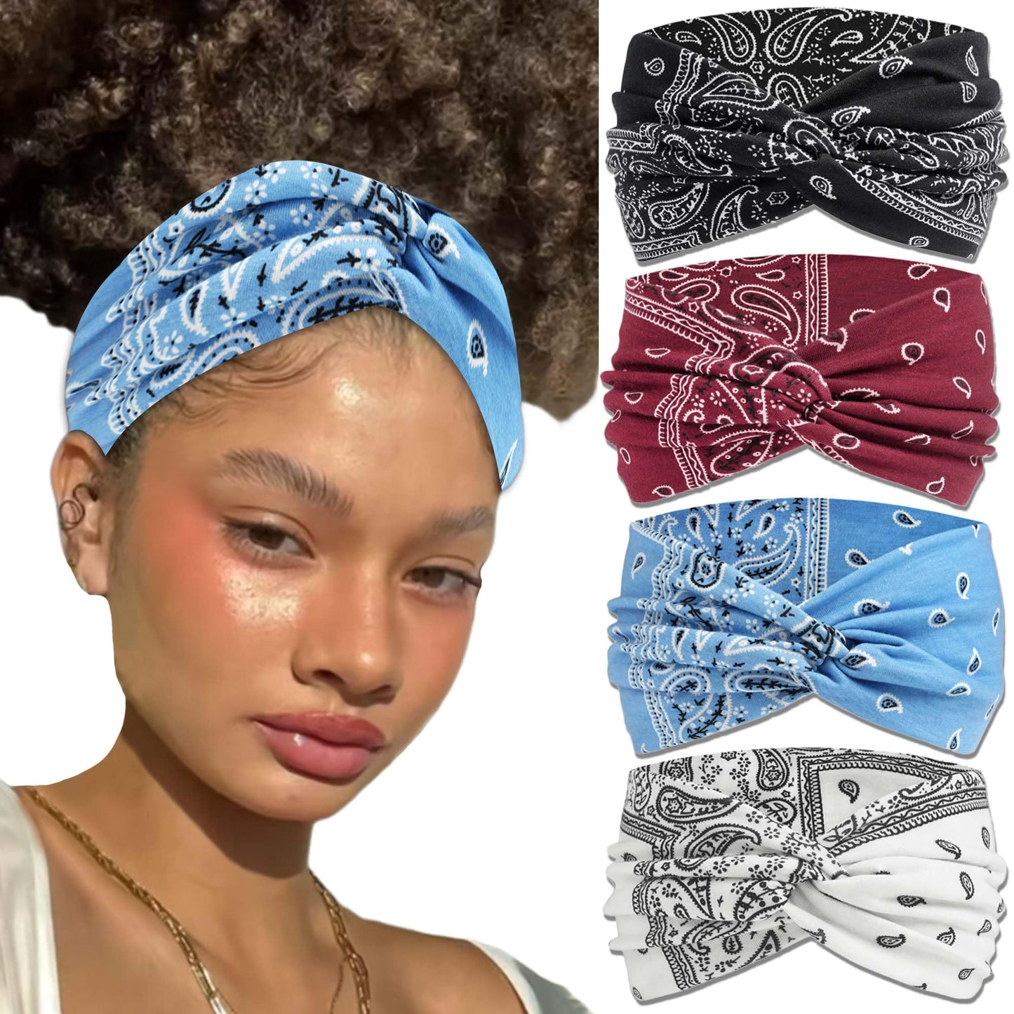 FARSYOD African Boho Headbands For Women's Wide Elastic Hair Bandana 4Pcs