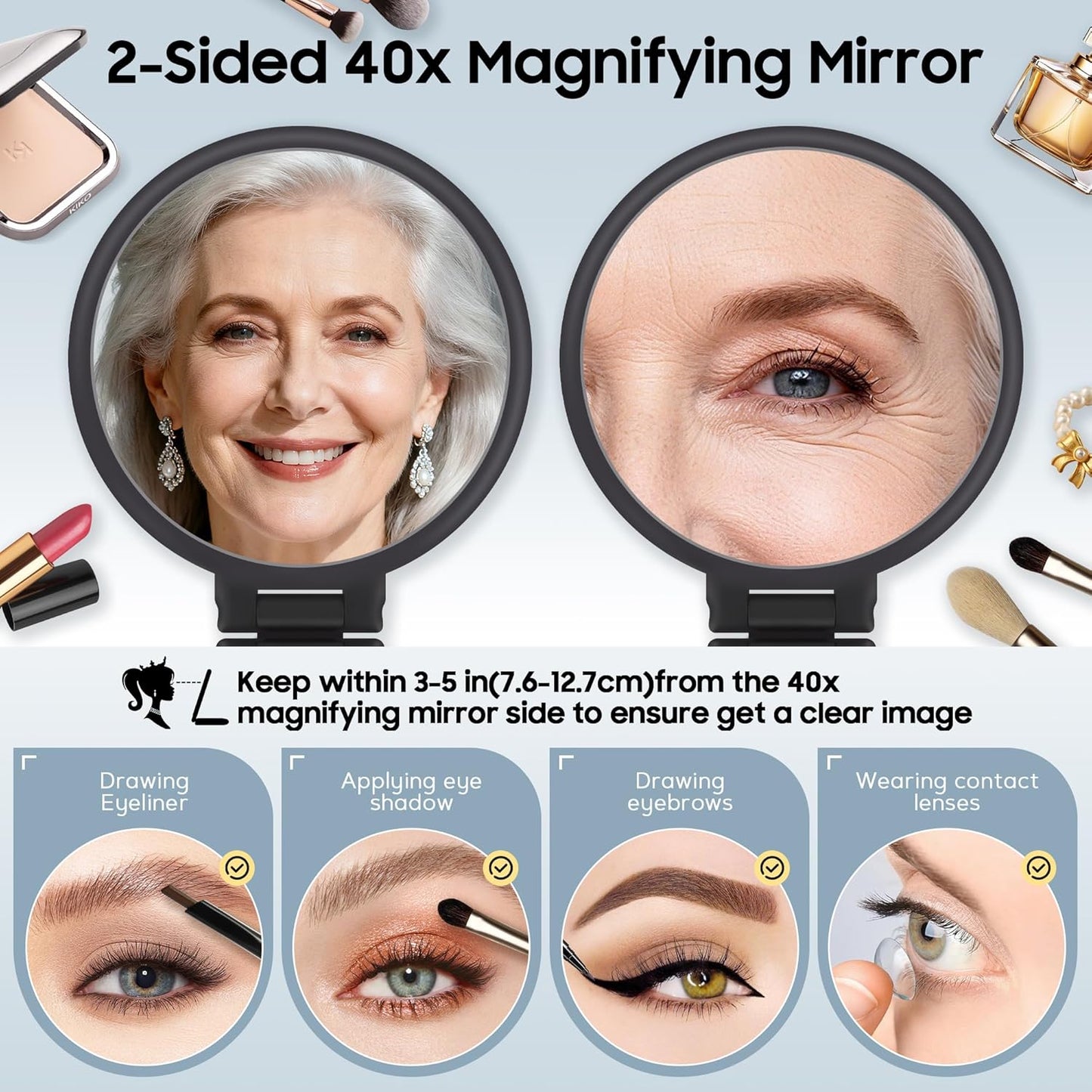 40X Magnifying Makeup Mirror - Double-Sided Handheld Design | Portable & Foldable for Travel, Black
