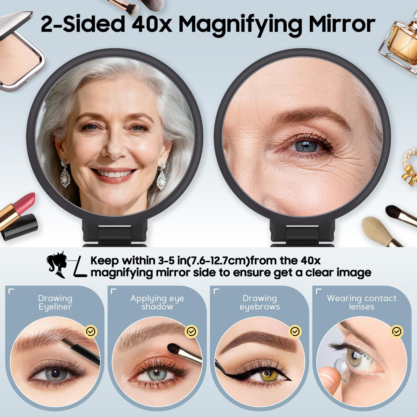 B Beauty Planet 40X Magnifying Mirror, Hand Mirror for Makeup, Double Sided with 40X/1X Magnification, Travel Essential, Portable Foldable for Desktop and Bathroom, Gift for Women, Black