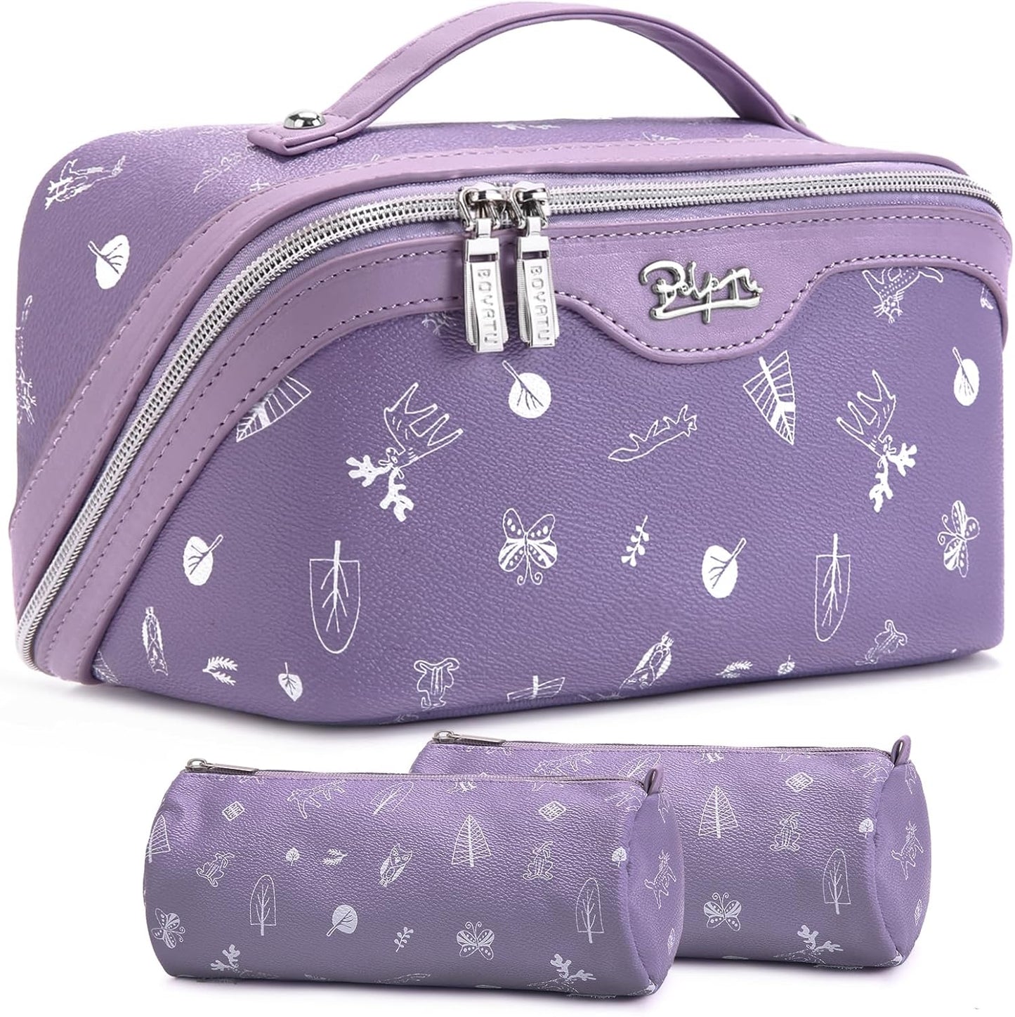 Travel Makeup Bag Set - Large Vegan Leather Cosmetic Organizer with Handle | 3 Pcs Portable Toiletry Bags in Coffee