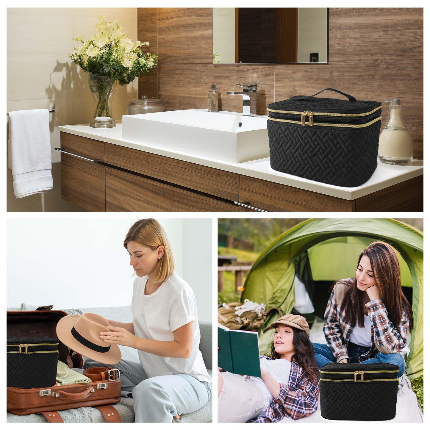 Loyzcy Makeup Bag Organiser for Women, Large Double Layer Cosmetic Make Up Bag with Brush Compartment, Portable and Water-Resistant Toiletry Bag Travel Essentials, Black
