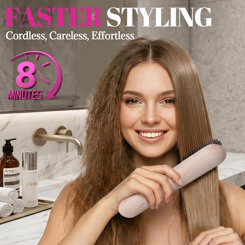 Cordless Straightening Comb - Mini Portable Hair Straightening Brush for Short Hair | Travel-Friendly Styling Tool