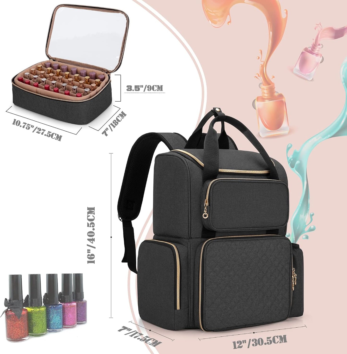 Nail Polish Organizer Backpack - Holds 70 Bottles & Lamp | Travel Bag with Removable Cases & Tool Pockets - Black