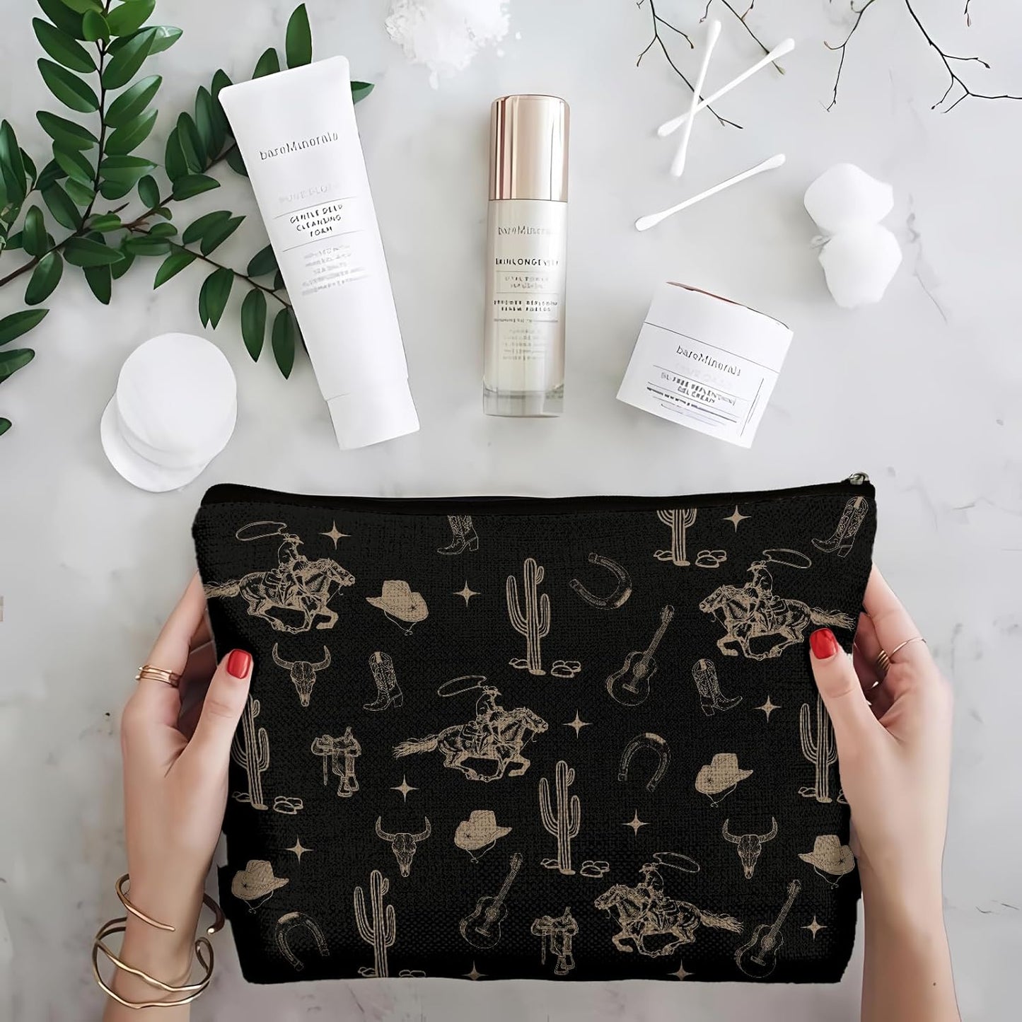 Boho Western Makeup Bag - Rustic Cow Skull & Cactus Design | Vintage Cosmetic Pouch for Women