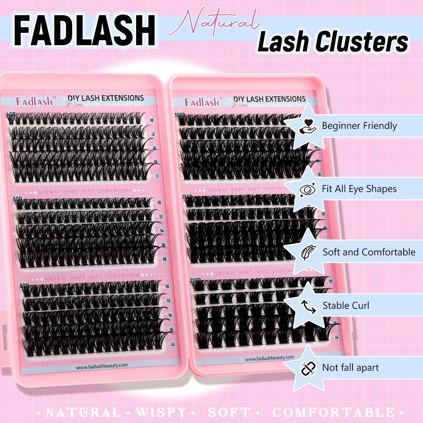 Lash Clusters Eyelash Extensions 40D+60D+80D+100D+150D+200D D Curl Fluffy Eyelash Clusters 10-18mm Natural Wispy Cluster Eyelash DIY Individual Lashes Extensions for Beginners by FADLASH