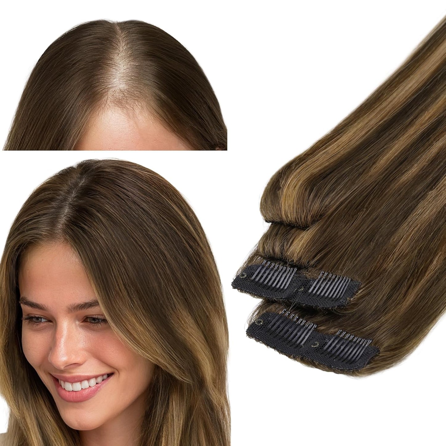 Scalp Hair Fill Ins - Clip-In Human Hair Extensions for Thinning Hair | 18-Inch Balayage 4/27/4 Chocolate Brown to Caramel Blonde, 30g, 4 Pcs
