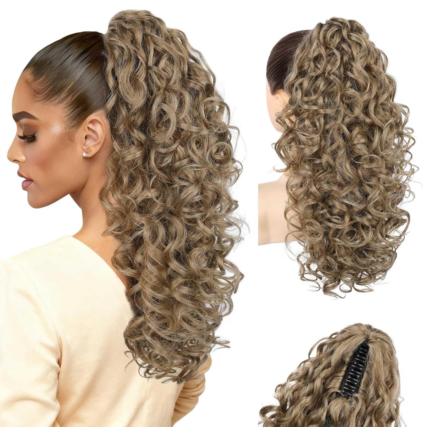 100% Pure Protein Ponytail Extension - 18 Inch Curly Claw Clip Hairpiece | Natural Soft Ash Brown
