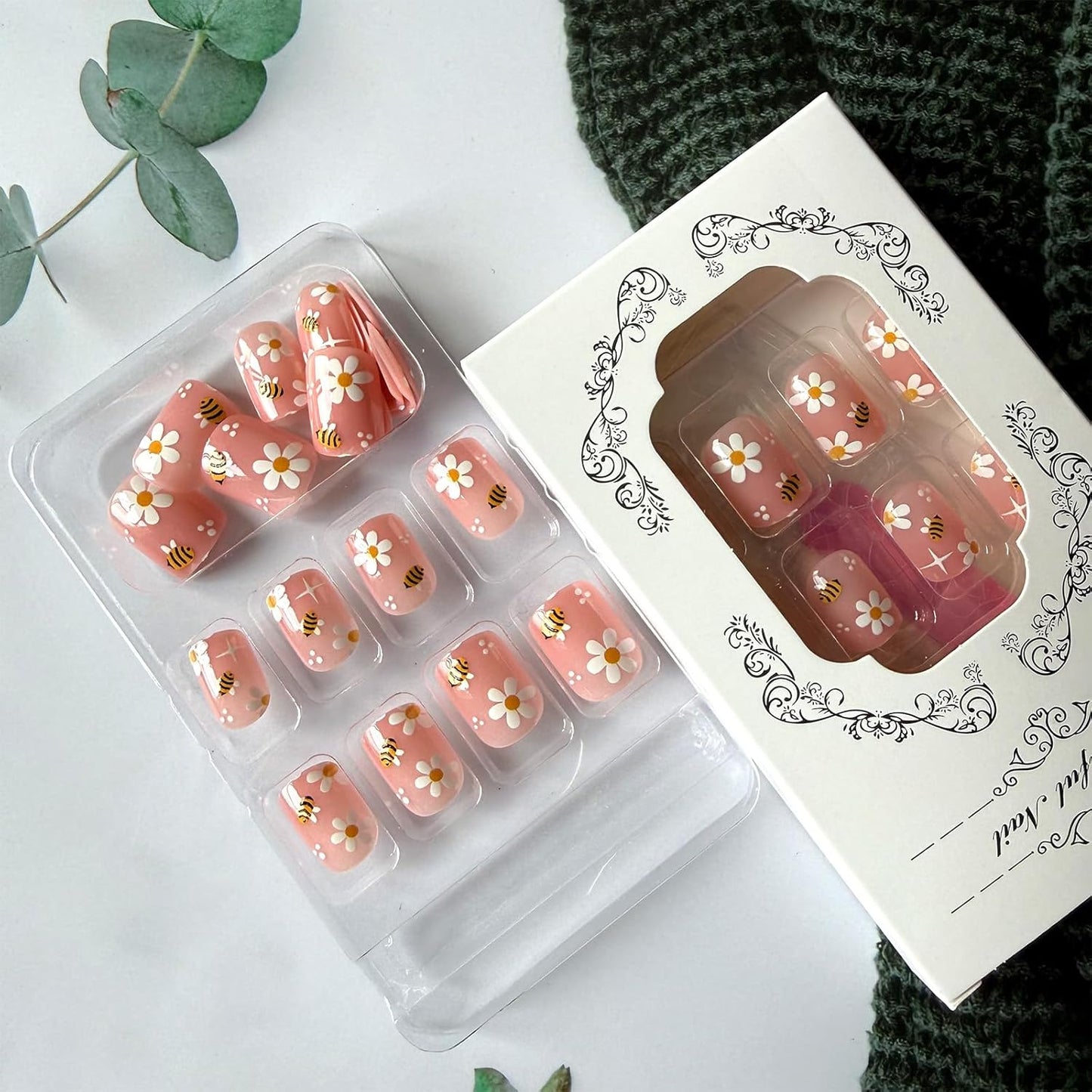Press On Nails - Short Square Floral Design | 24 Pcs Glossy Bee & Flower Patterns for Spring & Summer