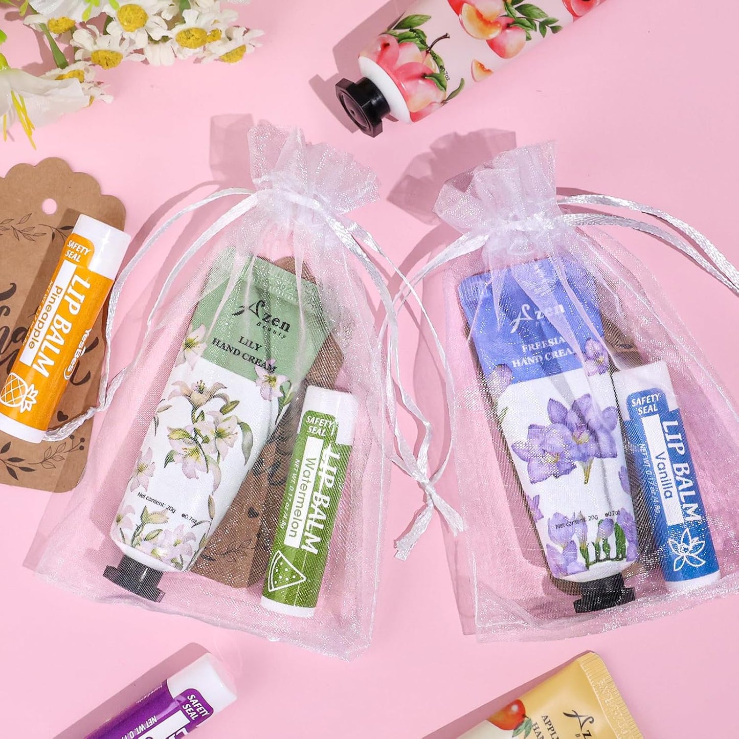 Hand Cream and Lip Balm Gift Set - 16 Sets with Organza Bag | Perfect for Baby Showers, Weddings, and Mother's Day