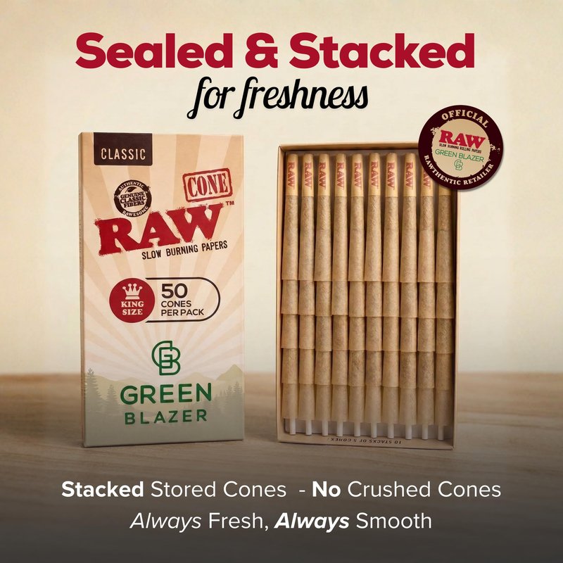RAW Cones Classic King: 50 Pack Patented Slow Burning Cones Rolling Papers with Tips, All Natural RAW Paper, 109mm, Green Blazer Preroll Loader