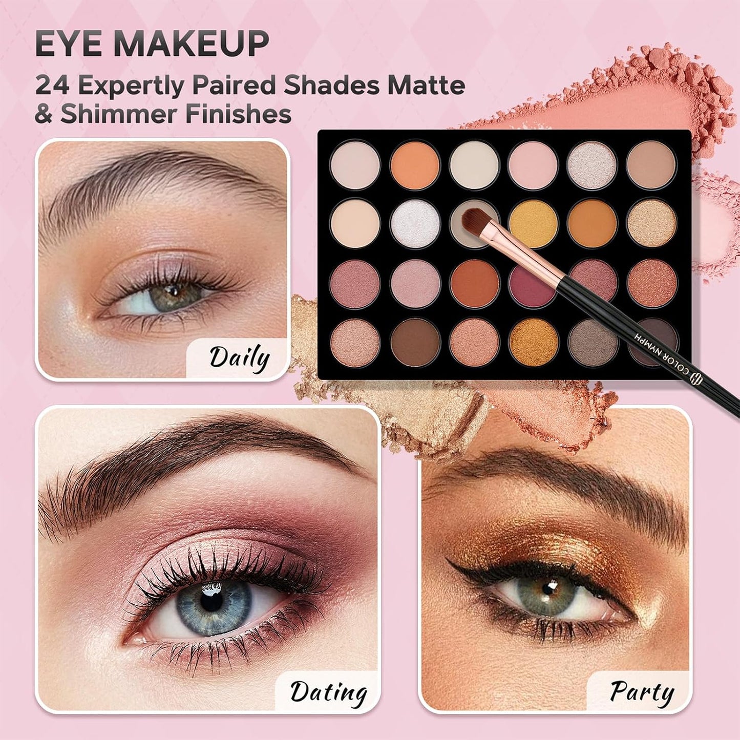 Beginner Makeup Kit for Teens - 24-Color Eyeshadow Palette, Blush, Bronzer & Brushes | Pink Cosmetic Train Case Included