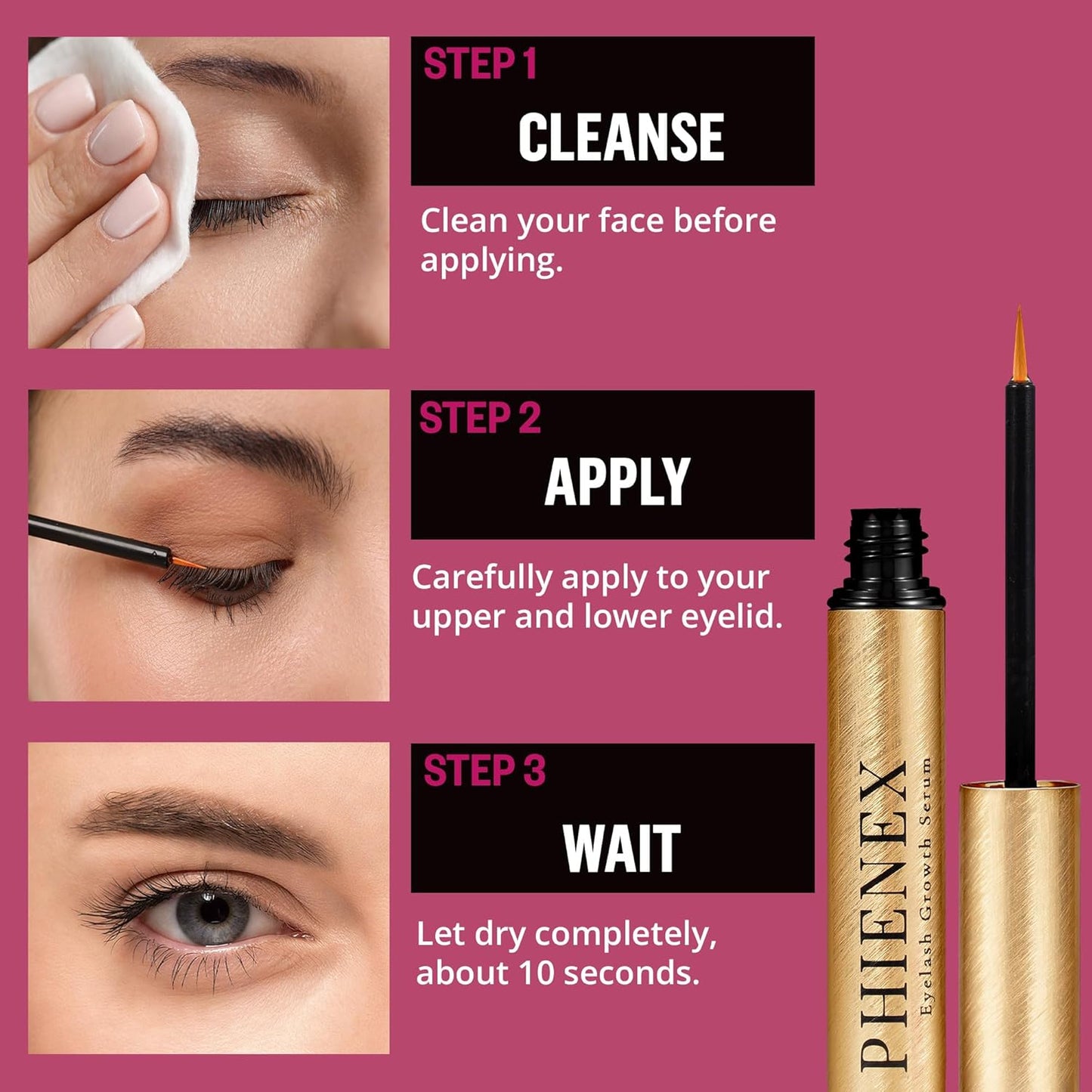 PHIENEX Eyelash Growth Serum - 7-Day Results, Vegan Botanical Peptides for Longer, Fuller Lashes | Gentle for Sensitive Eyes, 3ml