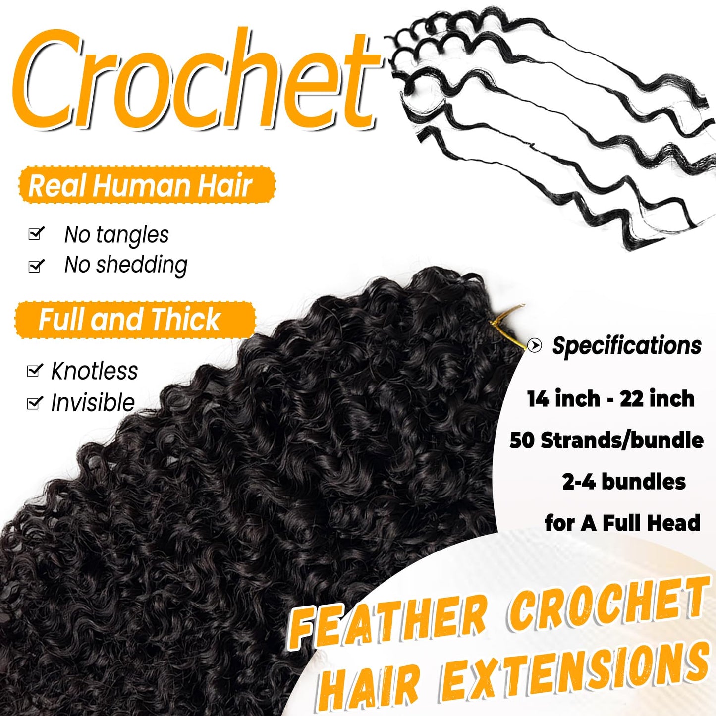 22 Inch Feather Crochet Human Hair Pre Separated Burmese Curly Crochet Bundles Human Hair Extensions Invisible Knotless Pre Looped Human Crochet Hair for Black Women 60G