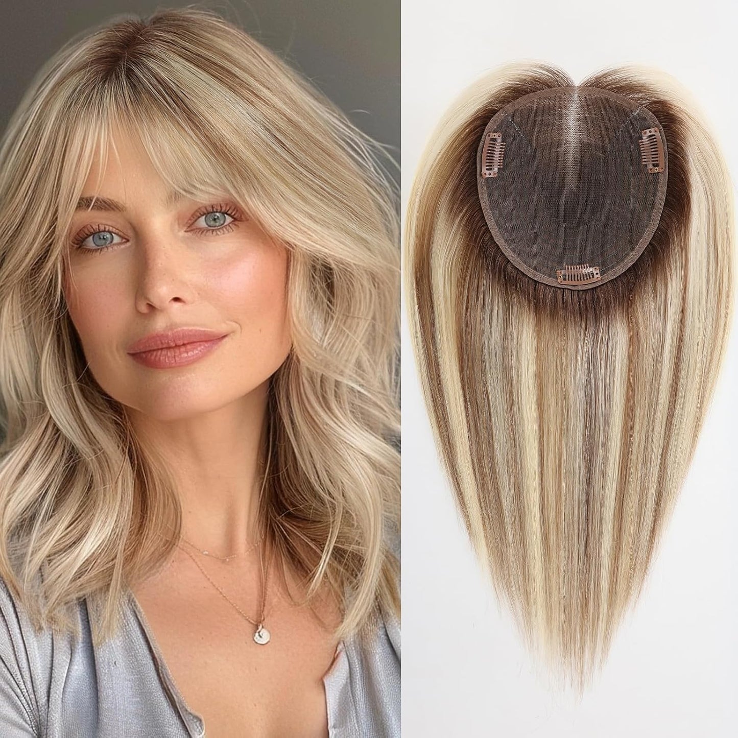 Real Human Hair Toppers for Women - 14 Inch Silk Base | Ash Blonde Mixed Brown with Bangs - 60g