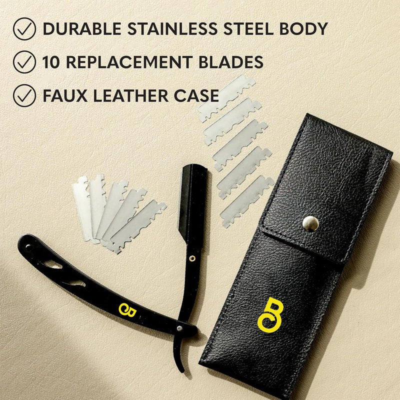 The Beard Club Straight Razor for Men - Navajas Para Barbero - Barber Straight Edge Razor Kit - Premium Single Derby Blade Cutthroat With 10 Replaceable Stainless Steel Blades & Leather Case