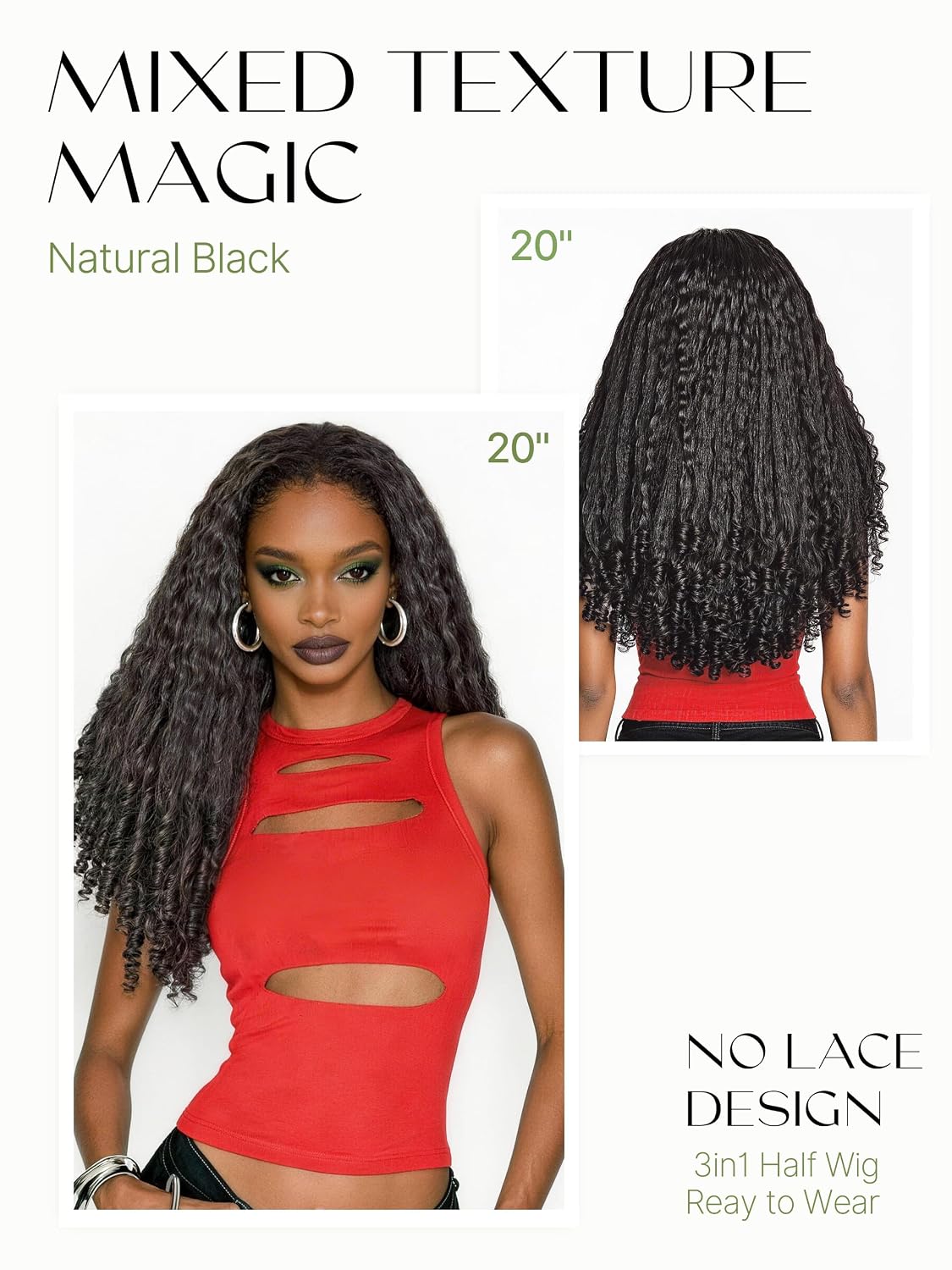 Frodio Kinky Curly Half Wig - 20" Glueless Drawstring Wig | 200% Density Natural Black Hair