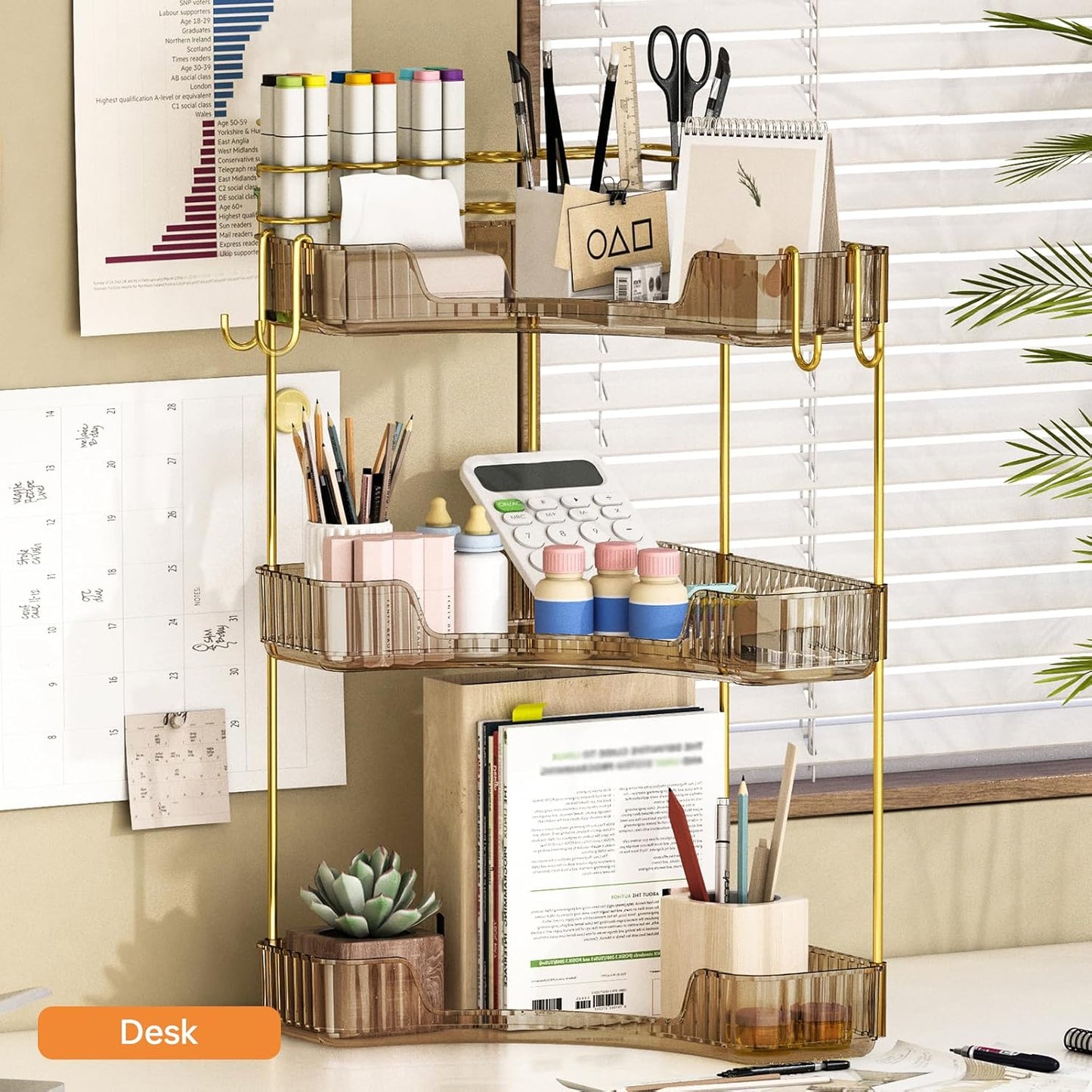 3-Tier Corner Bathroom Organizer - Makeup & Skincare Shelf with Built-in Brush Holder | Space-Saving Amber Design