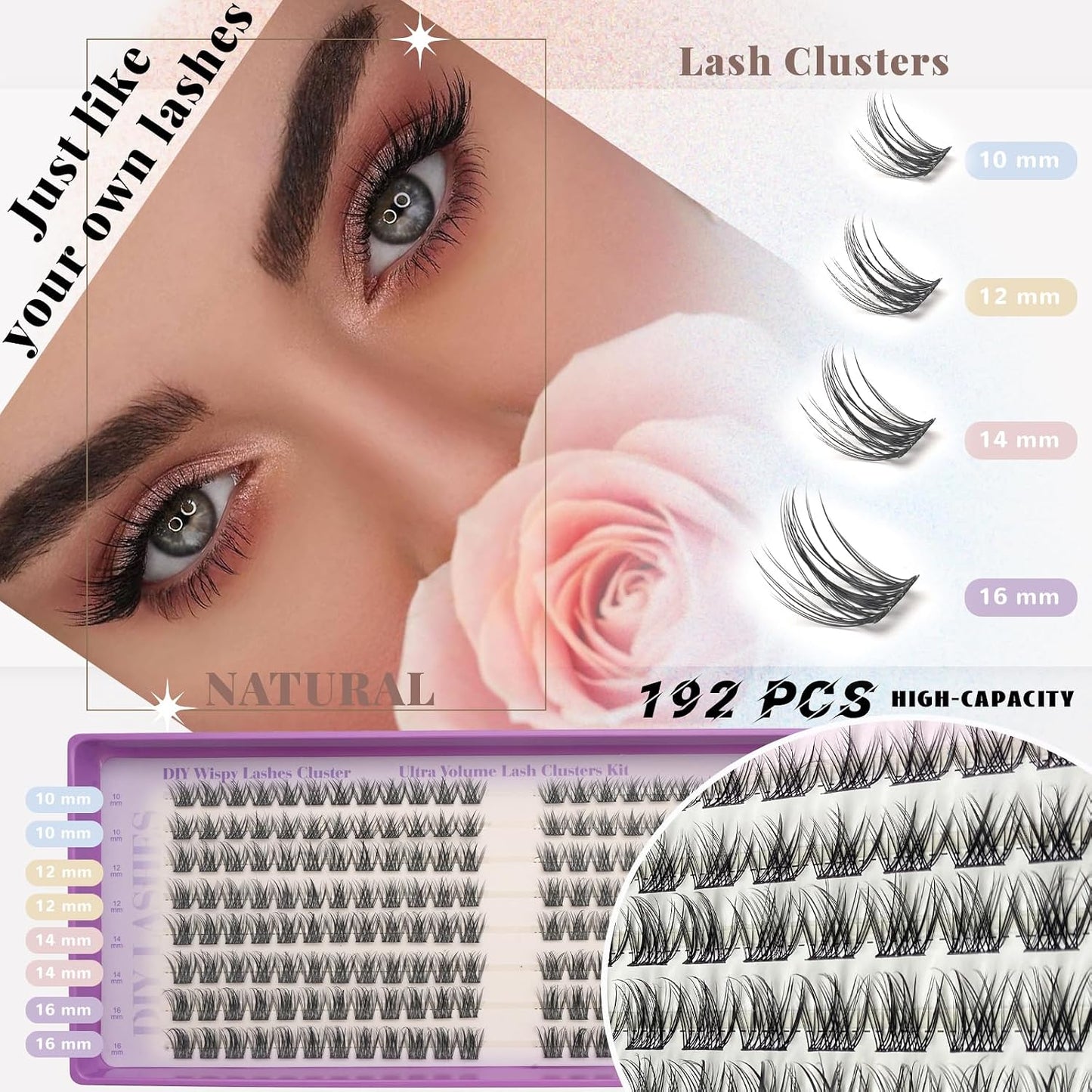 Natural Lash Cluster Eyelash Extensions Kit - 192 Pcs C Curl 10-16mm Fluffy False Lashes | DIY for Beginners