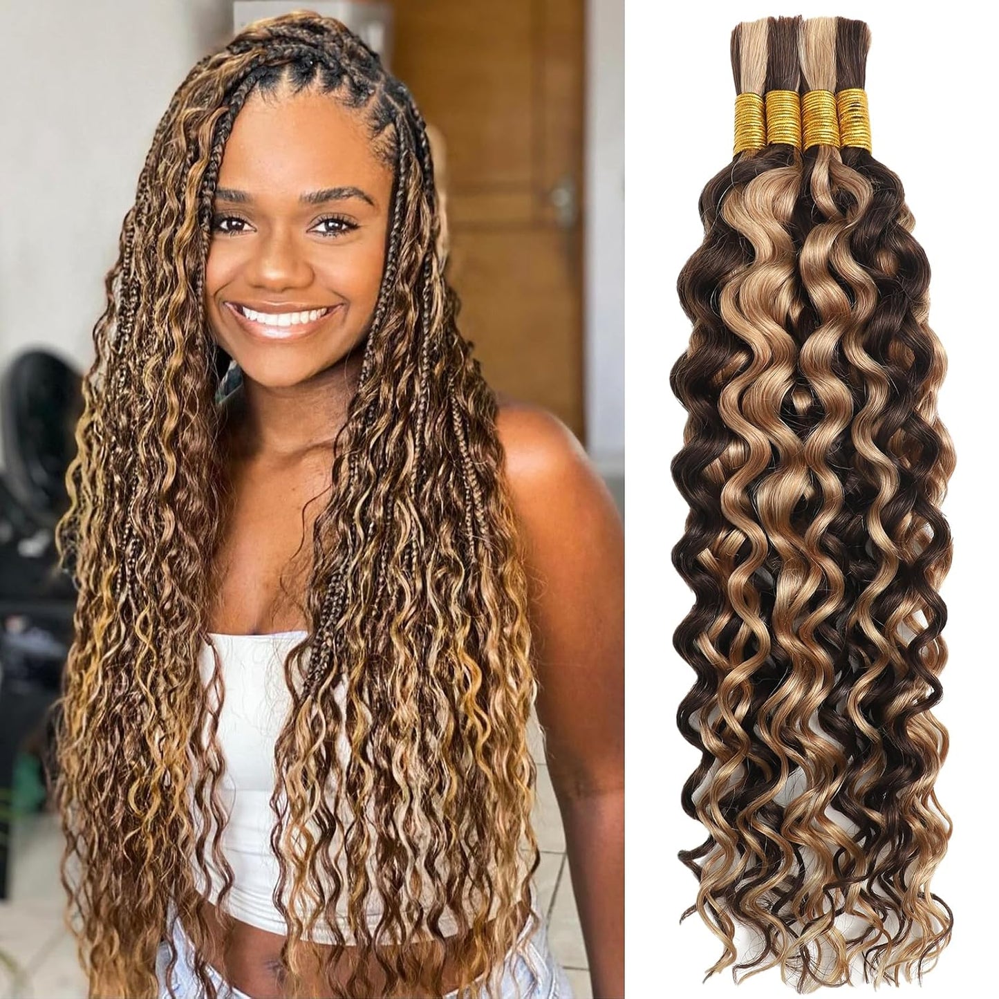 Human Braiding Hair - 18 Inch Deep Wave Bulk Extensions | 4 Bundles, No Weft, 10A Quality