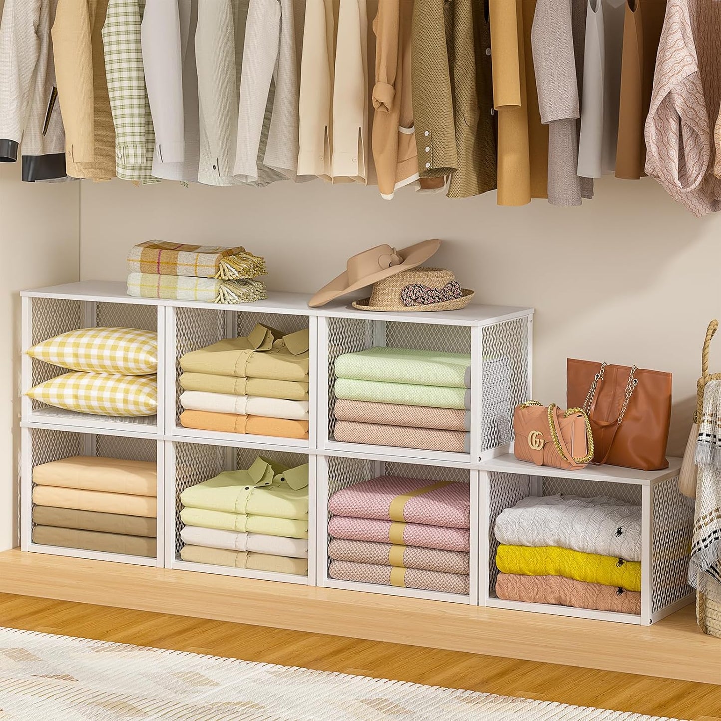 Stackable Closet Organizers - 3 Pack Storage Baskets with Wood Top | Multifunctional Clothes Organizer for Wardrobe, Kitchen, Laundry Room - White