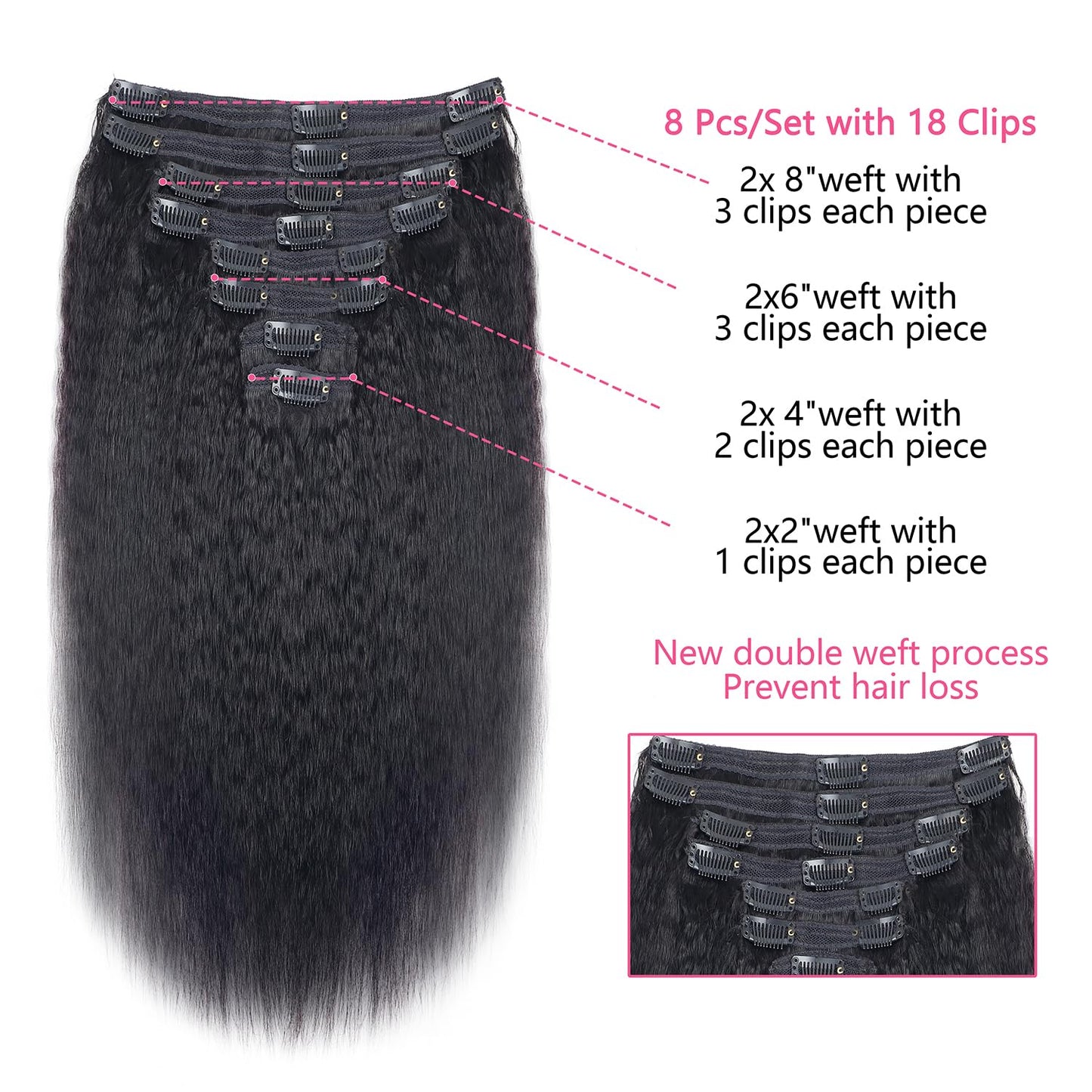 Mihugass Kinky Straight Clip In Hair Extensions Human Hair For Black Women Kinky Straight Clip Ins #1B Natural Color Full Volume Natural Texture for Daily Wear Work Travel 8pcs 120g 22 Inch