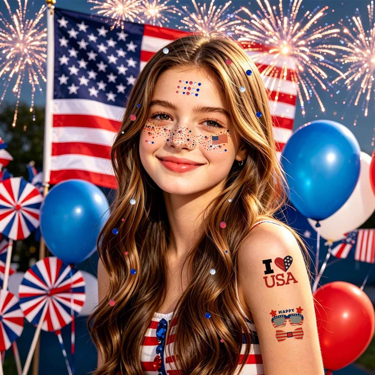 4th of July Tattoos, Red White Blue Face Glitter Freckles+Face Gems Hair Rhinestone+American Flag USA Temporary Tattoos for Patriotic, Independence Day Fourth of July Memorial Day Labor Day
