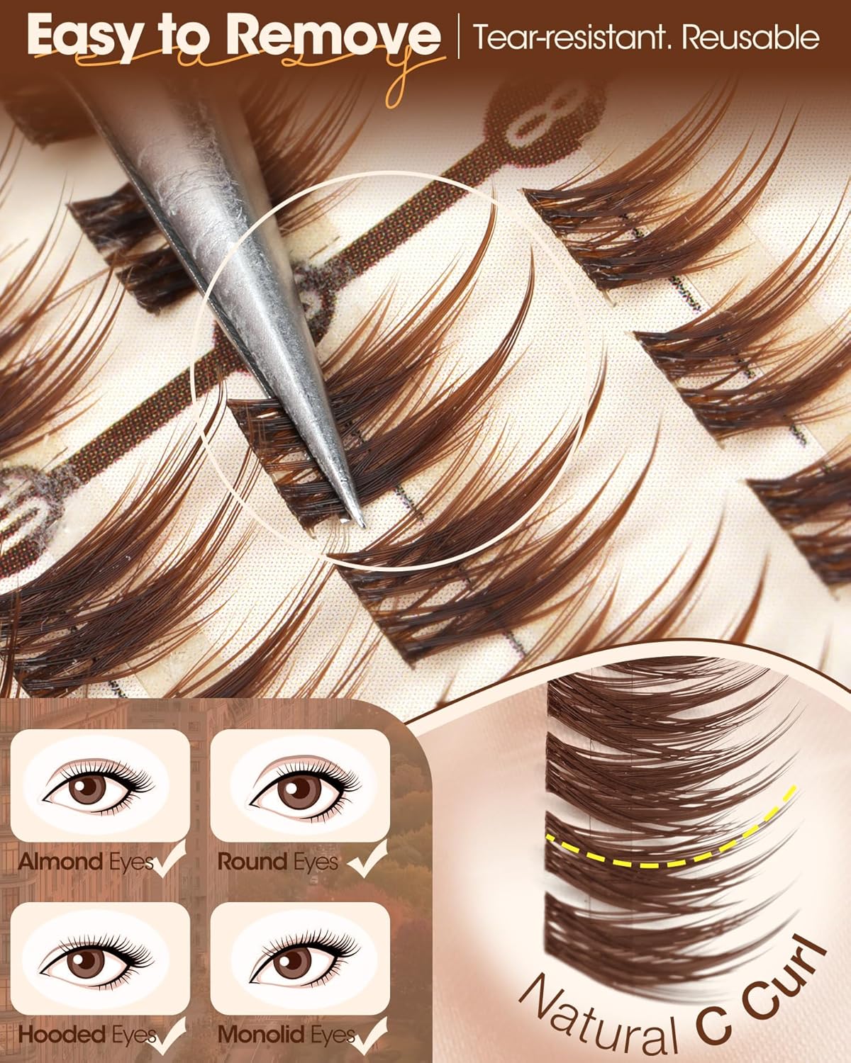 Brown Lash Clusters - Wispy Wet Set Eyelash Extensions 8-14MM | Doll-Like C Curve & Soft Brown Band, 189Pcs Individual Lashes