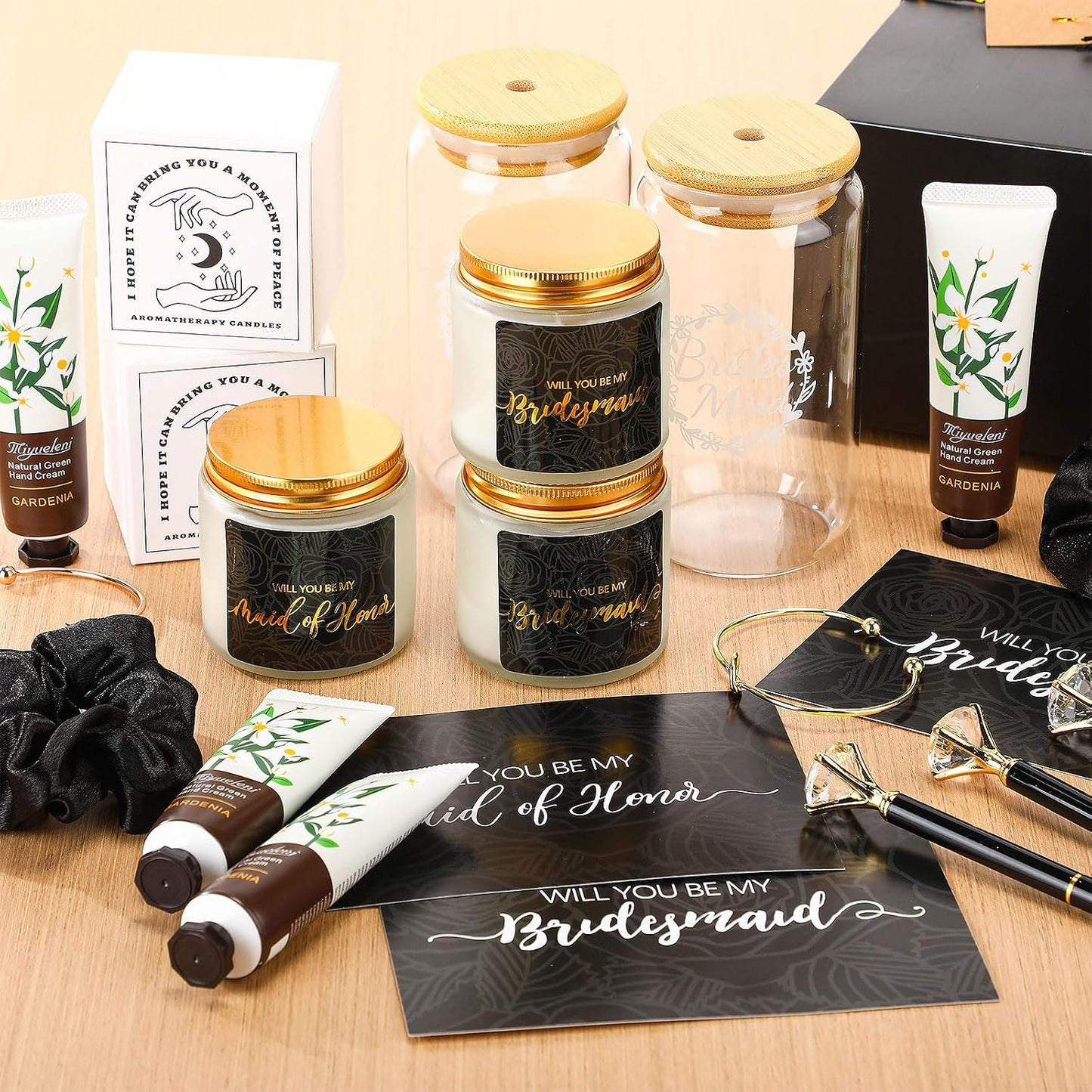 Bridesmaid Proposal Gifts Box Set - 60 Pcs Including Glass Cup, Candle, Cards & More | Black