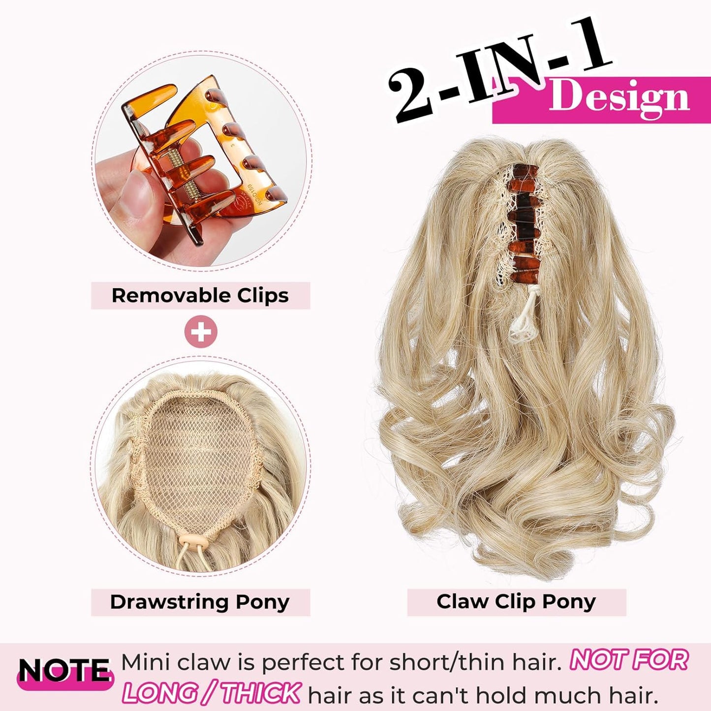 Ponytail Extension - 9" Claw Clip Short Curly Wavy Hairpiece | Dark Ash Blonde with Golden Ends