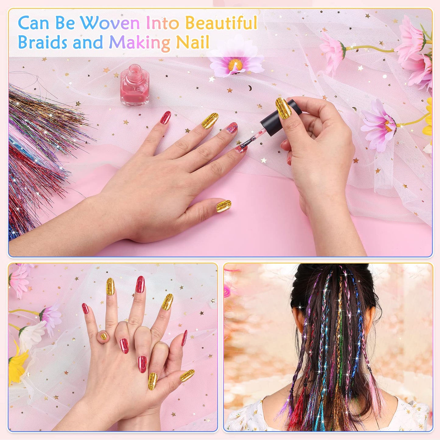 14 Colors Hair Tinsel Kit with Tool, 47 inch 2800 Strands Tinsel Hair Extensions for Women Girls, Fairy Hair Tinsel Glitter Sparkling Shiny Colorful Synthetic Hair for Party Daily Life Fashion