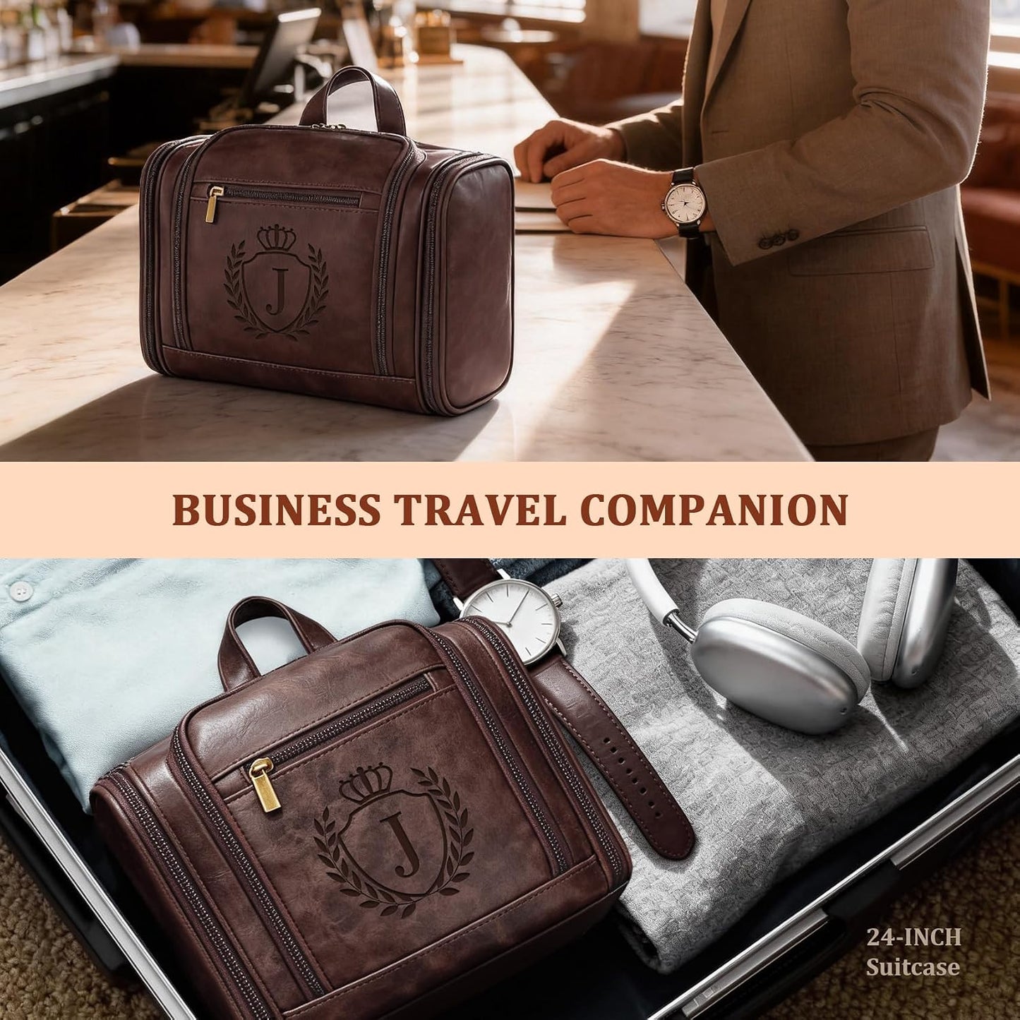 Personalized Leather Travel Toiletry Bag | Men's Dopp Kit Organizer - Tan Brown with Initial J
