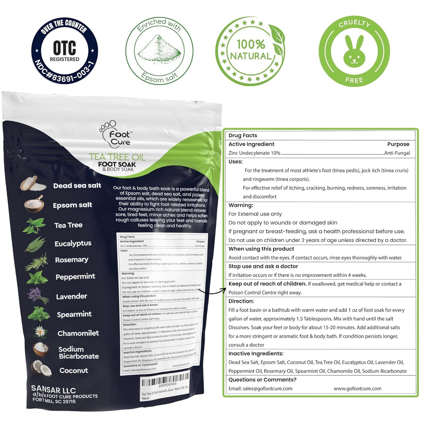 Tea Tree Oil Foot Soak - Epsom Salt for Toenail Repair & Athlete's Foot | 16 oz Spa Treatment