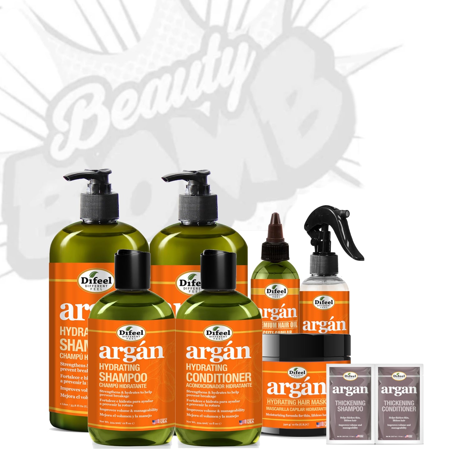 Difeel Argan Hydrating Shampoo & Conditioner Collection - 8 Piece Set, Includes Hair Oil, Mask, Leave in Spray, Travel Size - Sulfate Free, Paraben Free, Phthalate Free, Color Safe