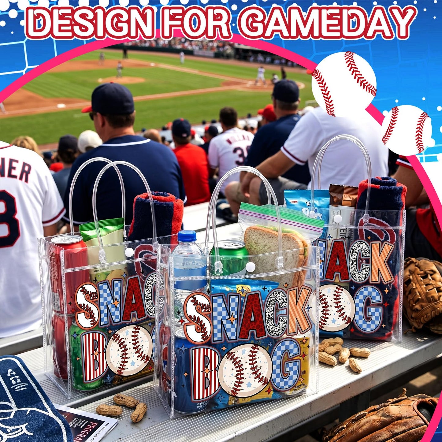 Wesnoy 20 Pcs Baseball Snack Bags with Handles Reusable Cool Baseball Goodie Bags for Team Candy Birthday Party Supplies 8 x 8 x 3.15''